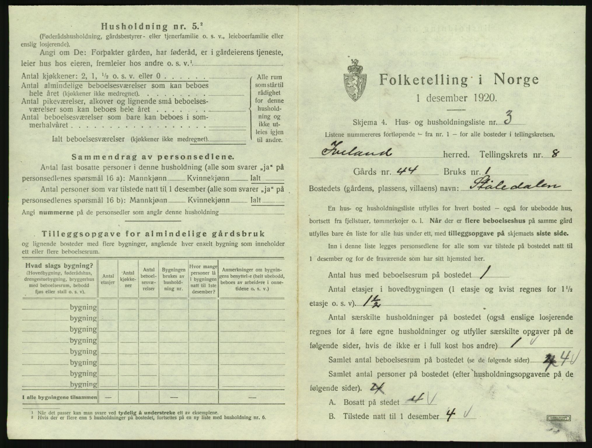 SAK, 1920 census for Iveland, 1920, p. 377