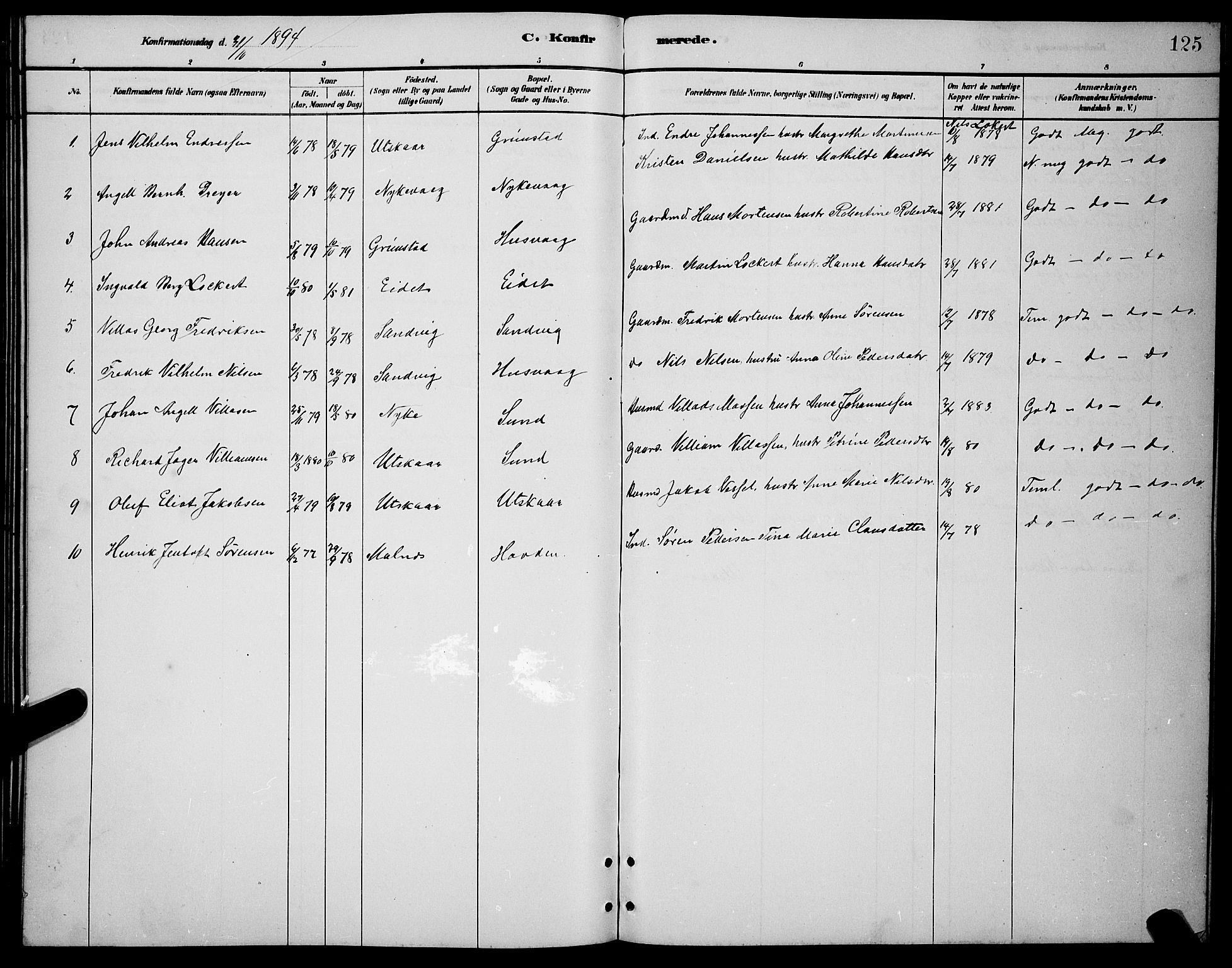 Ministerialprotokoller, klokkerbøker og fødselsregistre - Nordland, AV/SAT-A-1459/892/L1325: Parish register (copy) no. 892C02, 1878-1896, p. 125