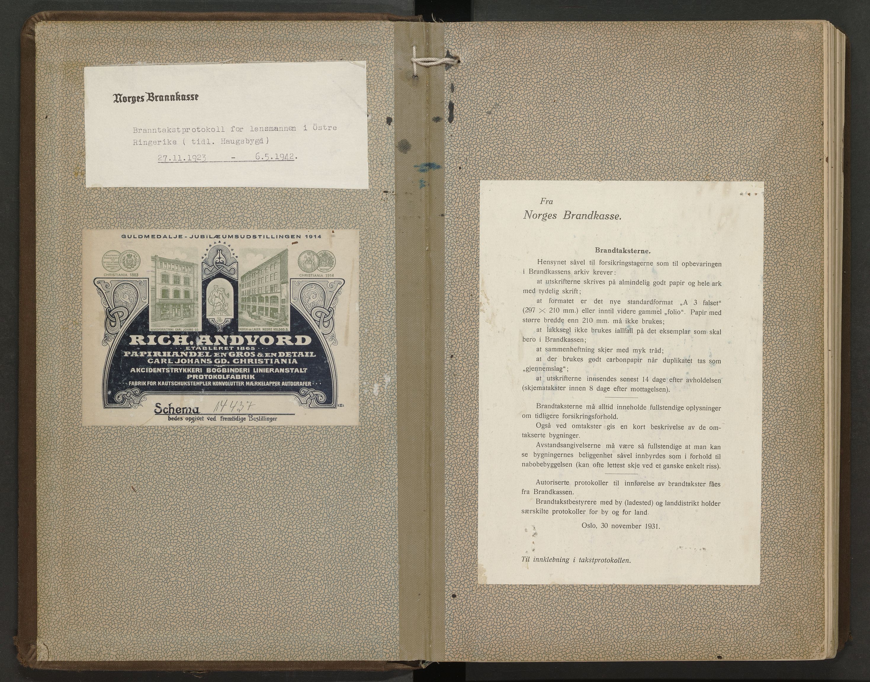 Norderhov lensmannskontor, AV/SAKO-A-526/Y/Yb/Ybc/L0002: Branntakstprotokoll for Haugsbygd, 1923-1942