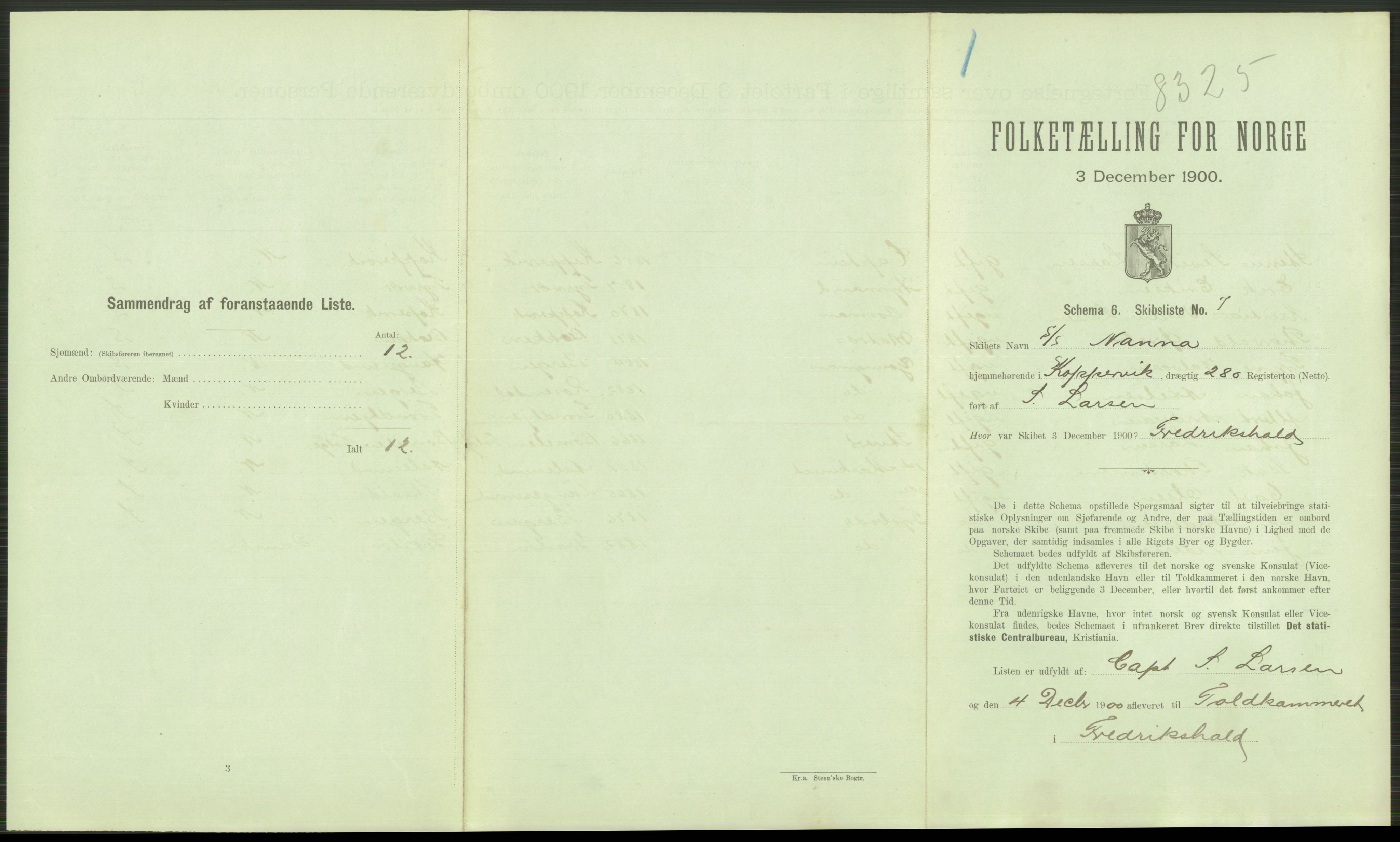 RA, 1900 Census - ship lists from ships in Norwegian harbours, harbours abroad and at sea, 1900, p. 15