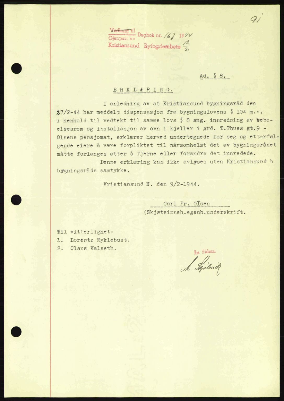 Kristiansund byfogd, SAT/A-4587/A/27: Mortgage book no. 37-38, 1943-1945, Diary no: : 166/1944