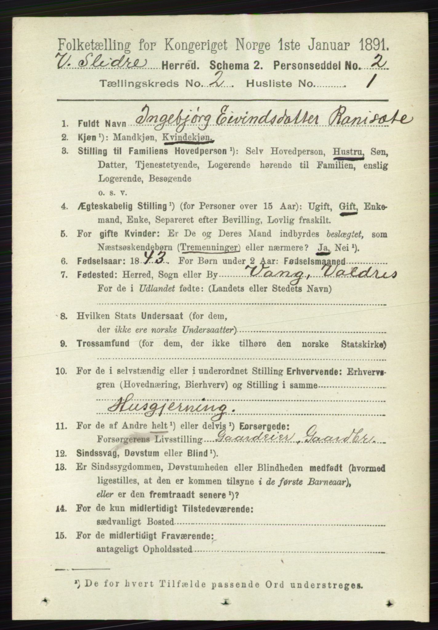 RA, 1891 census for 0543 Vestre Slidre, 1891, p. 505