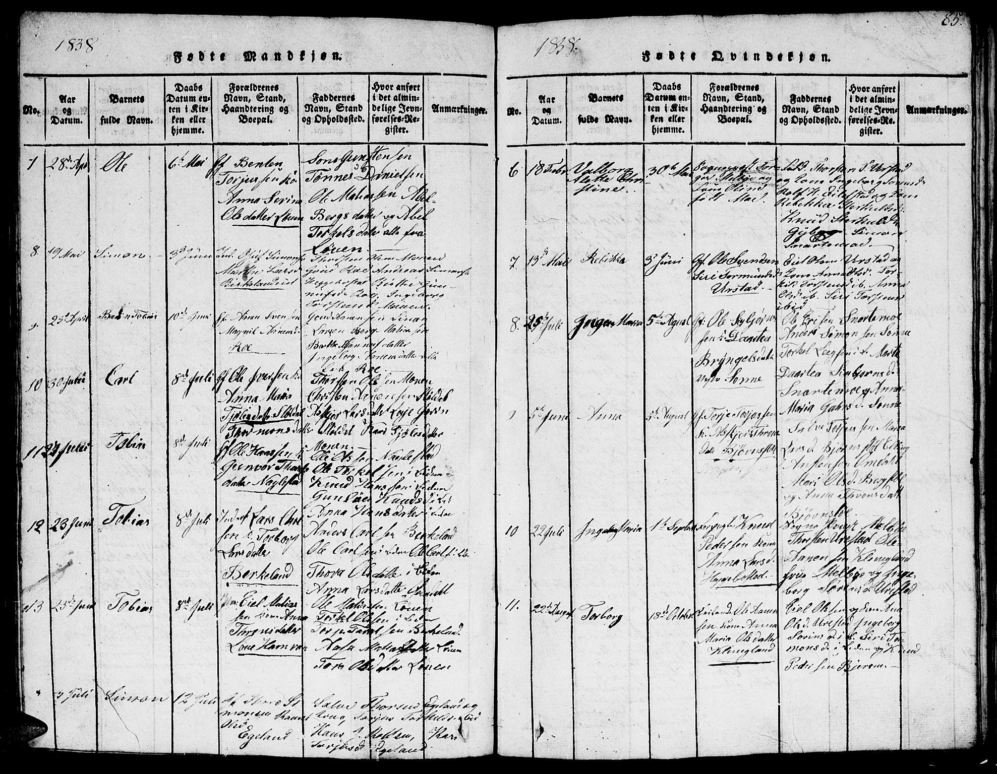 Hægebostad sokneprestkontor, AV/SAK-1111-0024/F/Fb/Fba/L0001: Parish register (copy) no. B 1, 1815-1844, p. 85