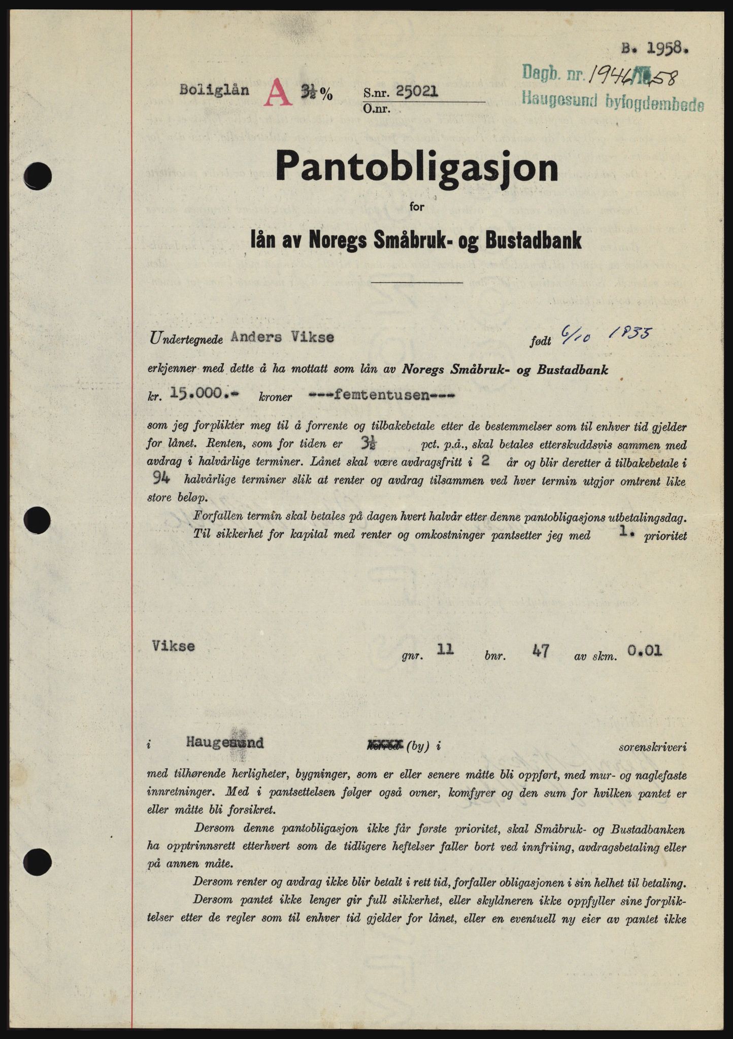 Haugesund tingrett, SAST/A-101415/01/II/IIC/L0044: Mortgage book no. B 44, 1958-1959, Diary no: : 1946/1958