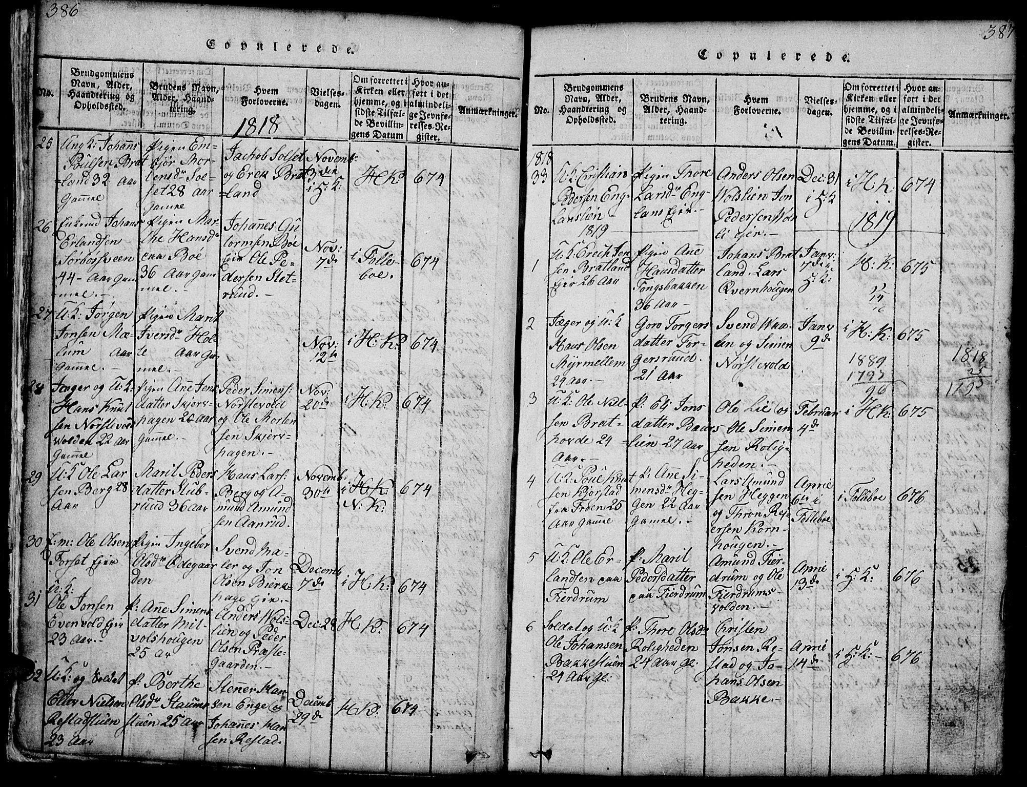 Gausdal prestekontor, SAH/PREST-090/H/Ha/Hab/L0001: Parish register (copy) no. 1, 1817-1848, p. 386-387