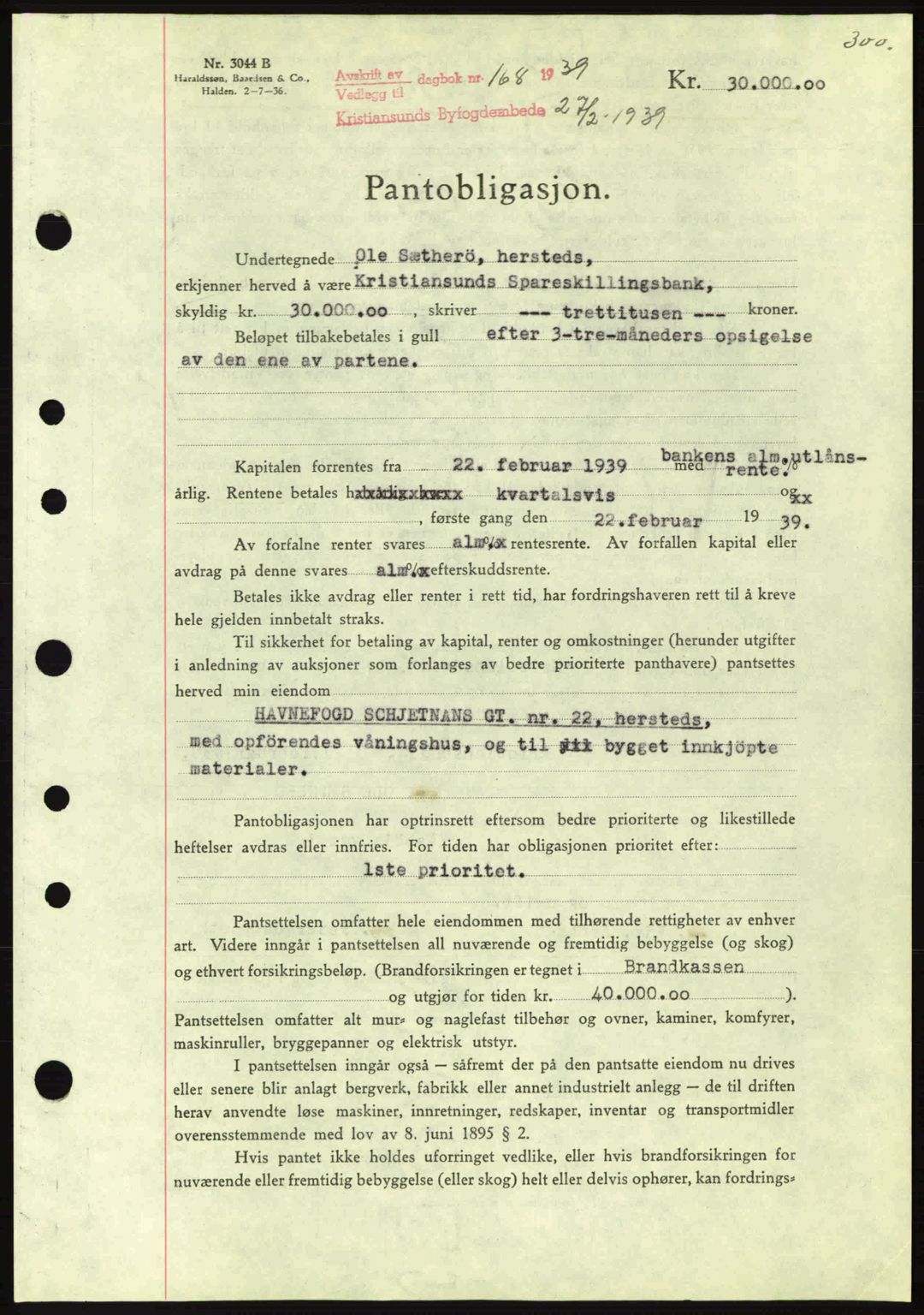 Kristiansund byfogd, SAT/A-4587/A/27: Mortgage book no. 31, 1938-1939, Diary no: : 168/1939
