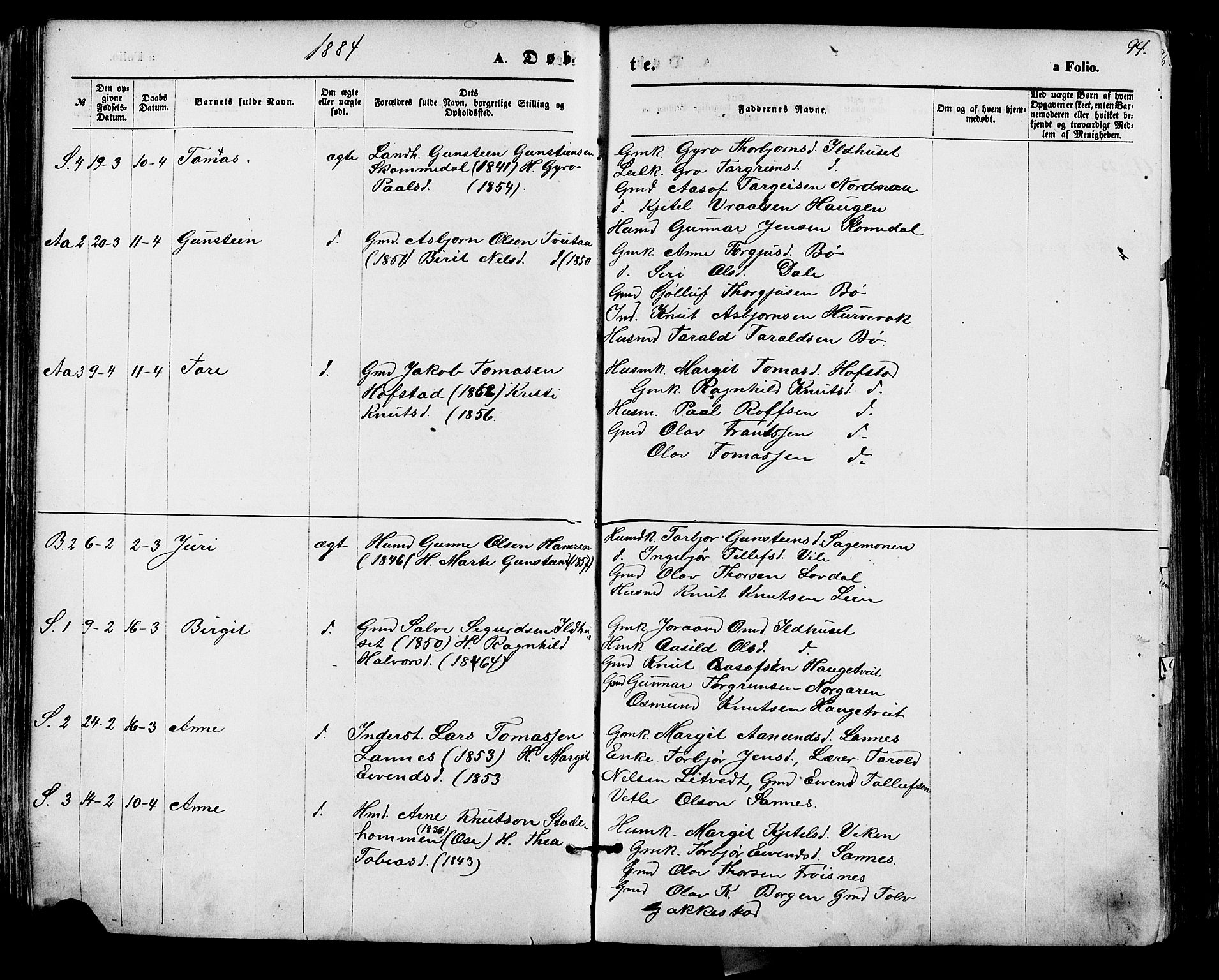 Bygland sokneprestkontor, AV/SAK-1111-0006/F/Fa/Fab/L0006: Parish register (official) no. A 6, 1873-1884, p. 94