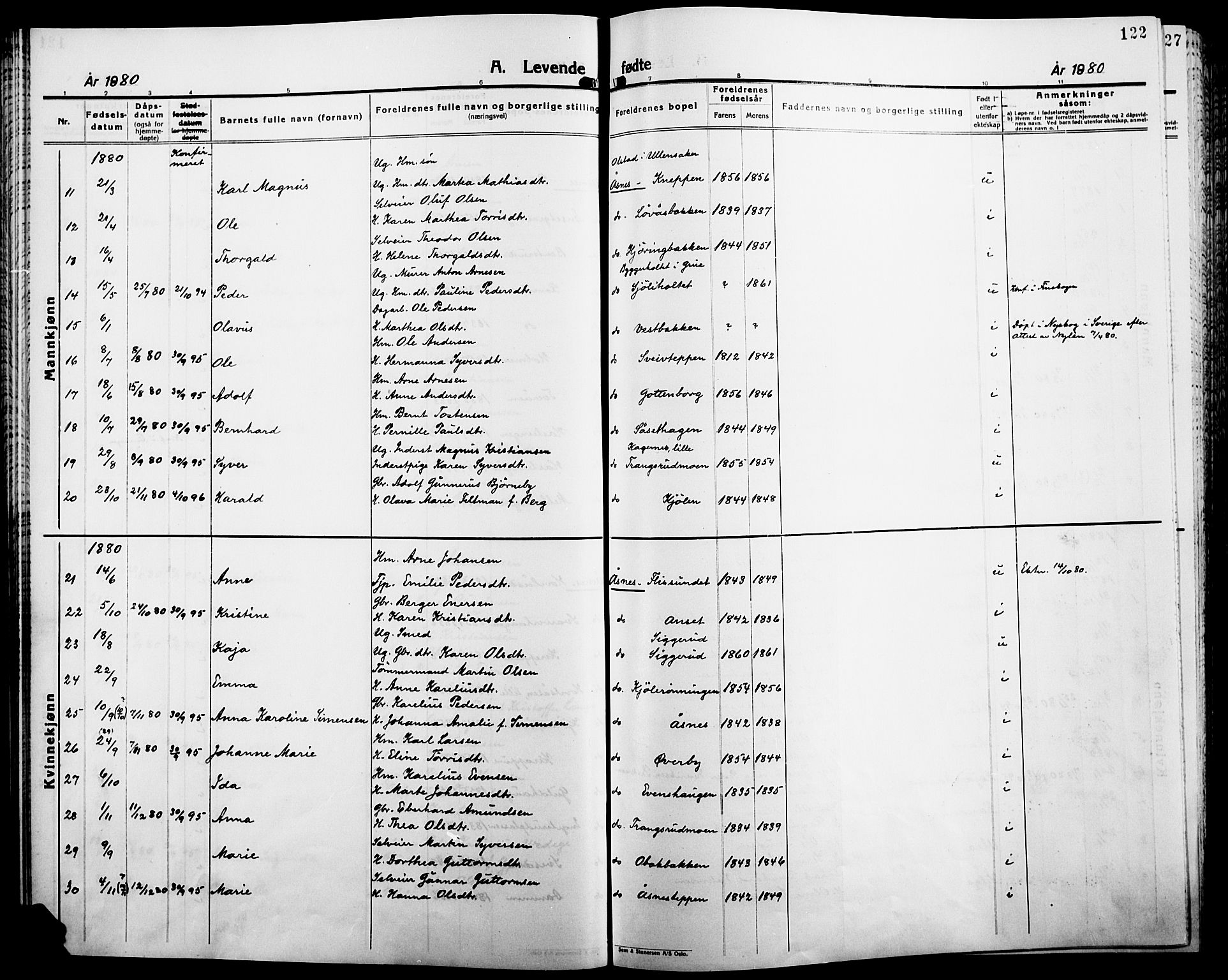 Åsnes prestekontor, AV/SAH-PREST-042/H/Ha/Haa/L0000B: Parish register (official), 1870-1889, p. 122