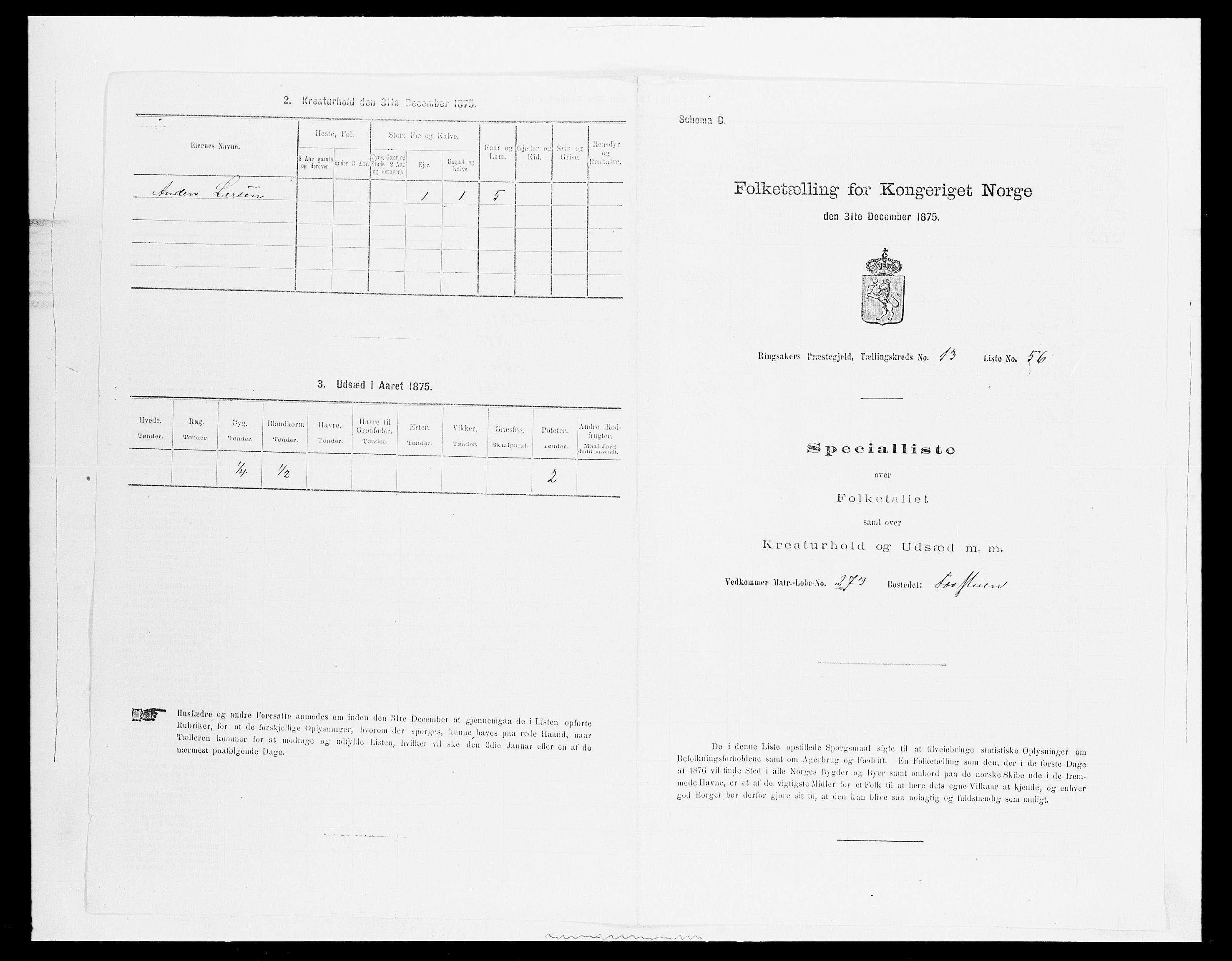 SAH, 1875 census for 0412P Ringsaker, 1875, p. 2720