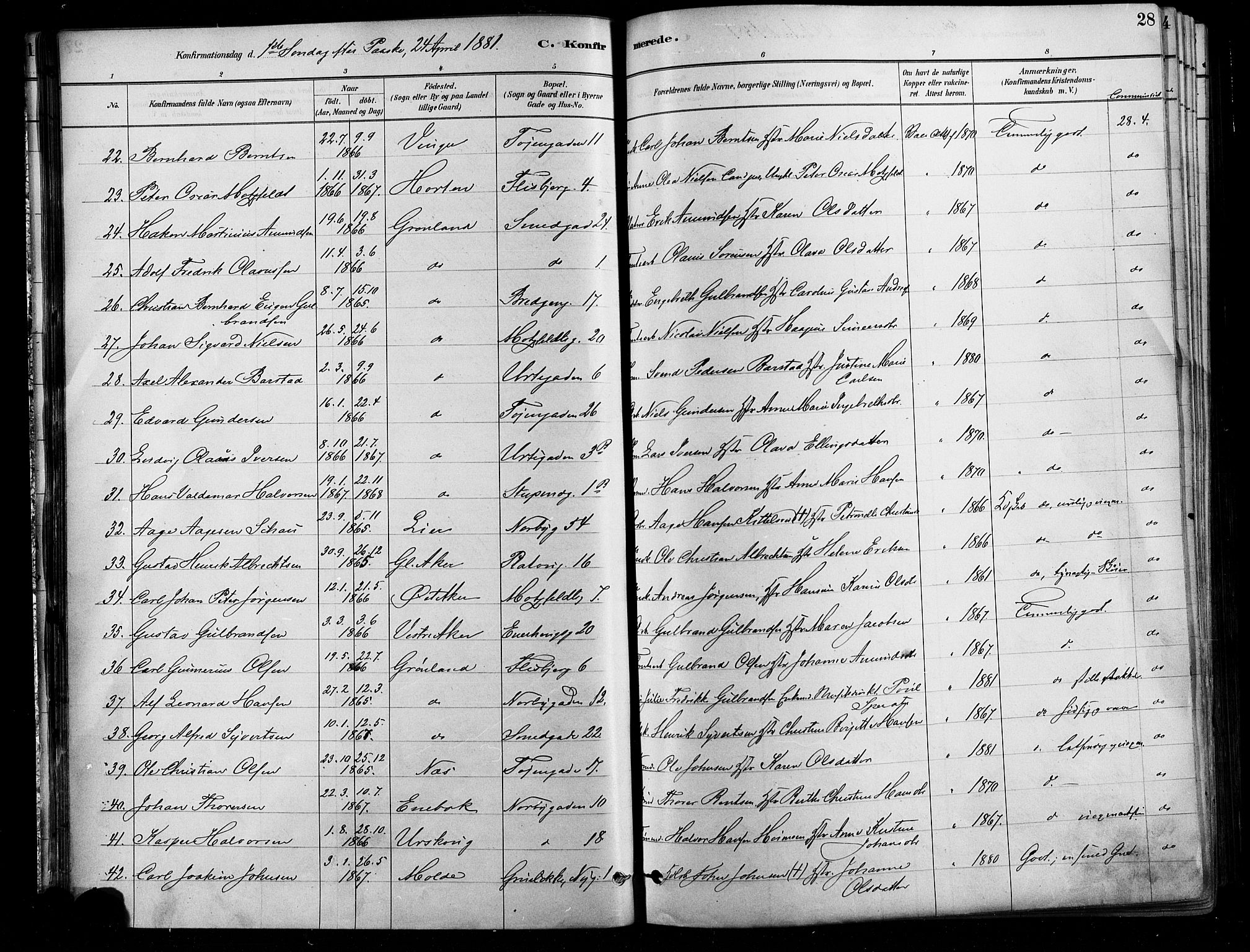 Grønland prestekontor Kirkebøker, AV/SAO-A-10848/F/Fa/L0008: Parish register (official) no. 8, 1881-1893, p. 28