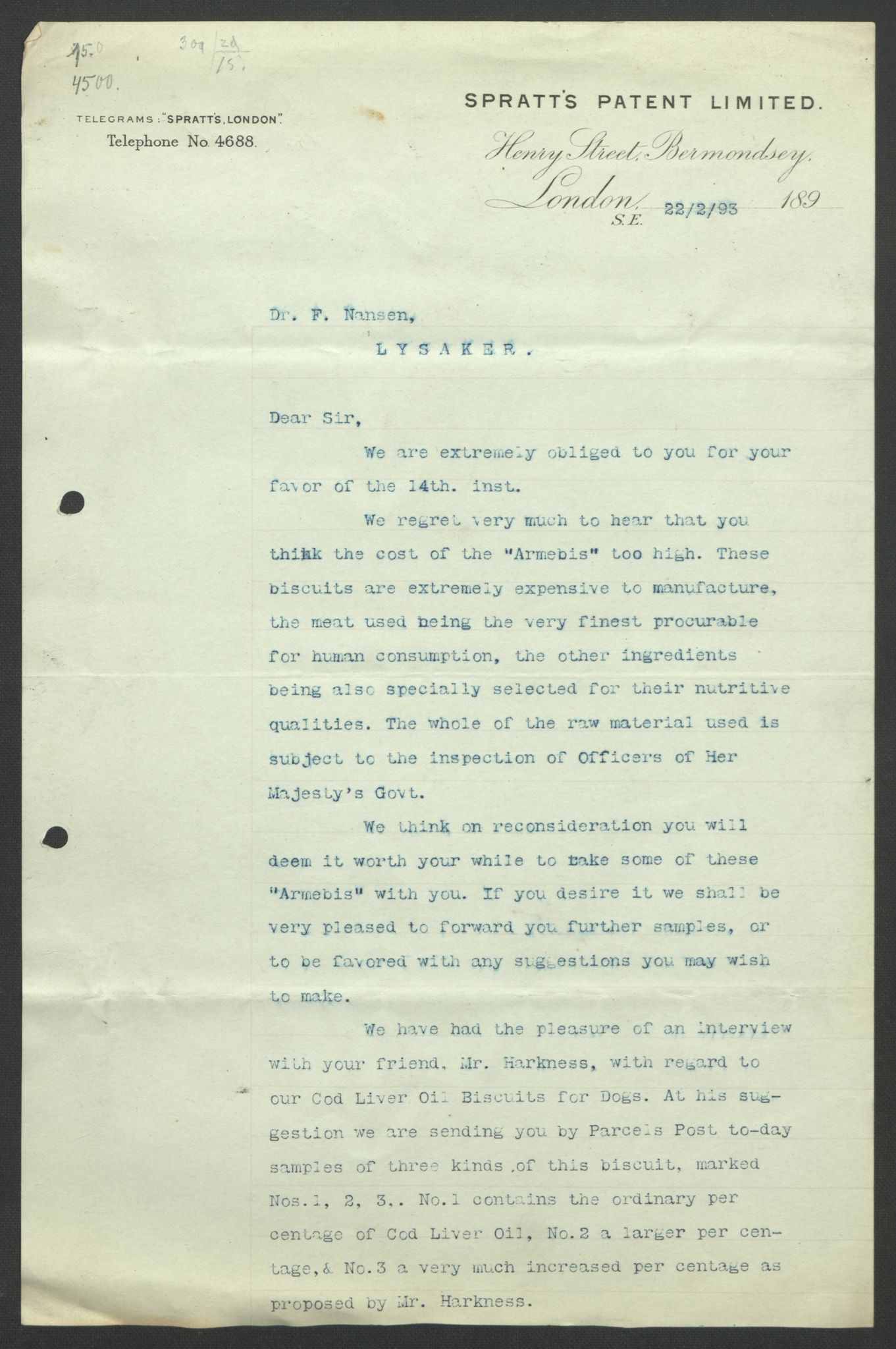 Arbeidskomitéen for Fridtjof Nansens polarekspedisjon, AV/RA-PA-0061/D/L0004: Innk. brev og telegrammer vedr. proviant og utrustning, 1892-1893, p. 479