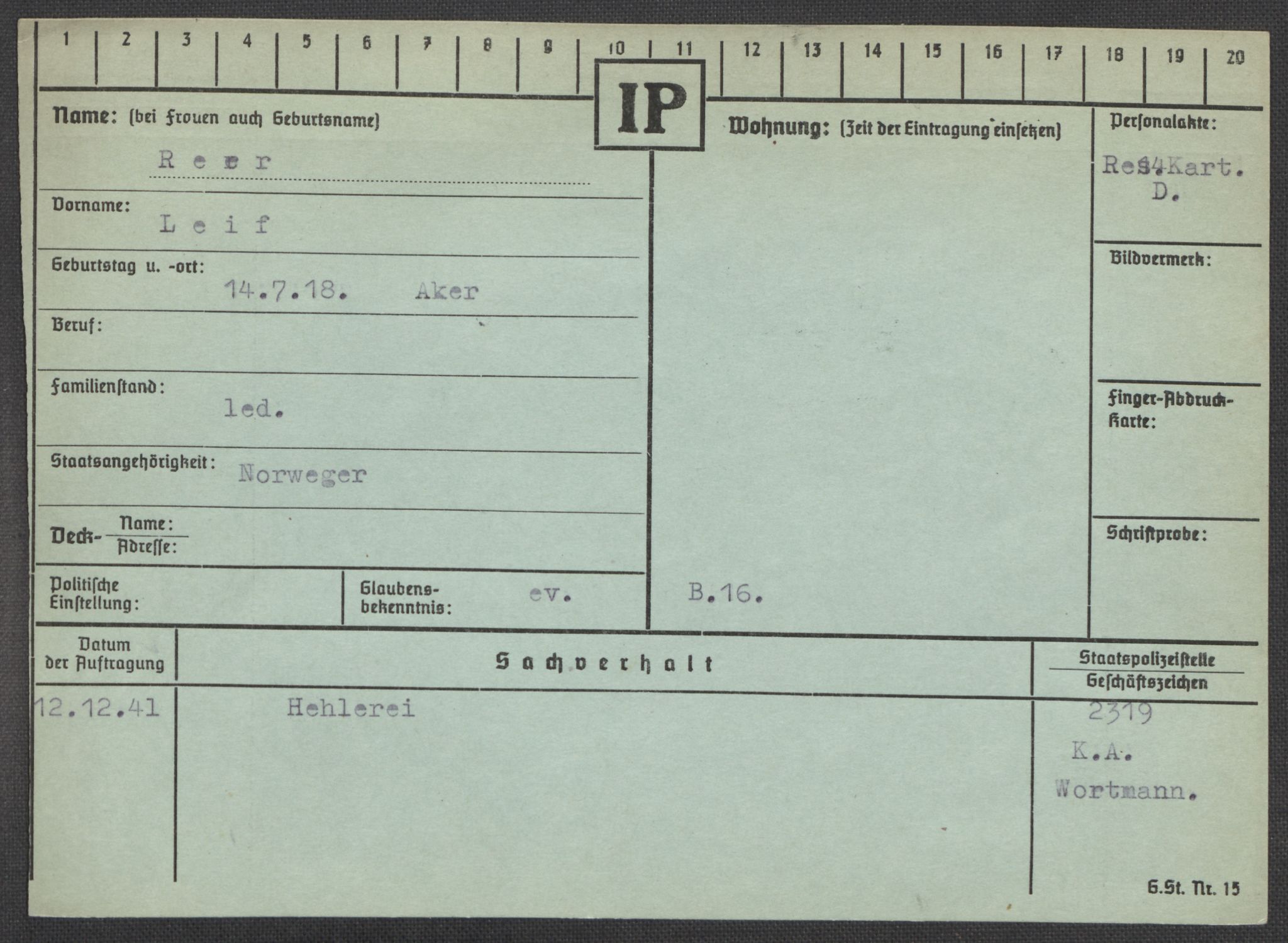 Befehlshaber der Sicherheitspolizei und des SD, AV/RA-RAFA-5969/E/Ea/Eaa/L0008: Register over norske fanger i Møllergata 19: Oelze-Ru, 1940-1945, p. 1094