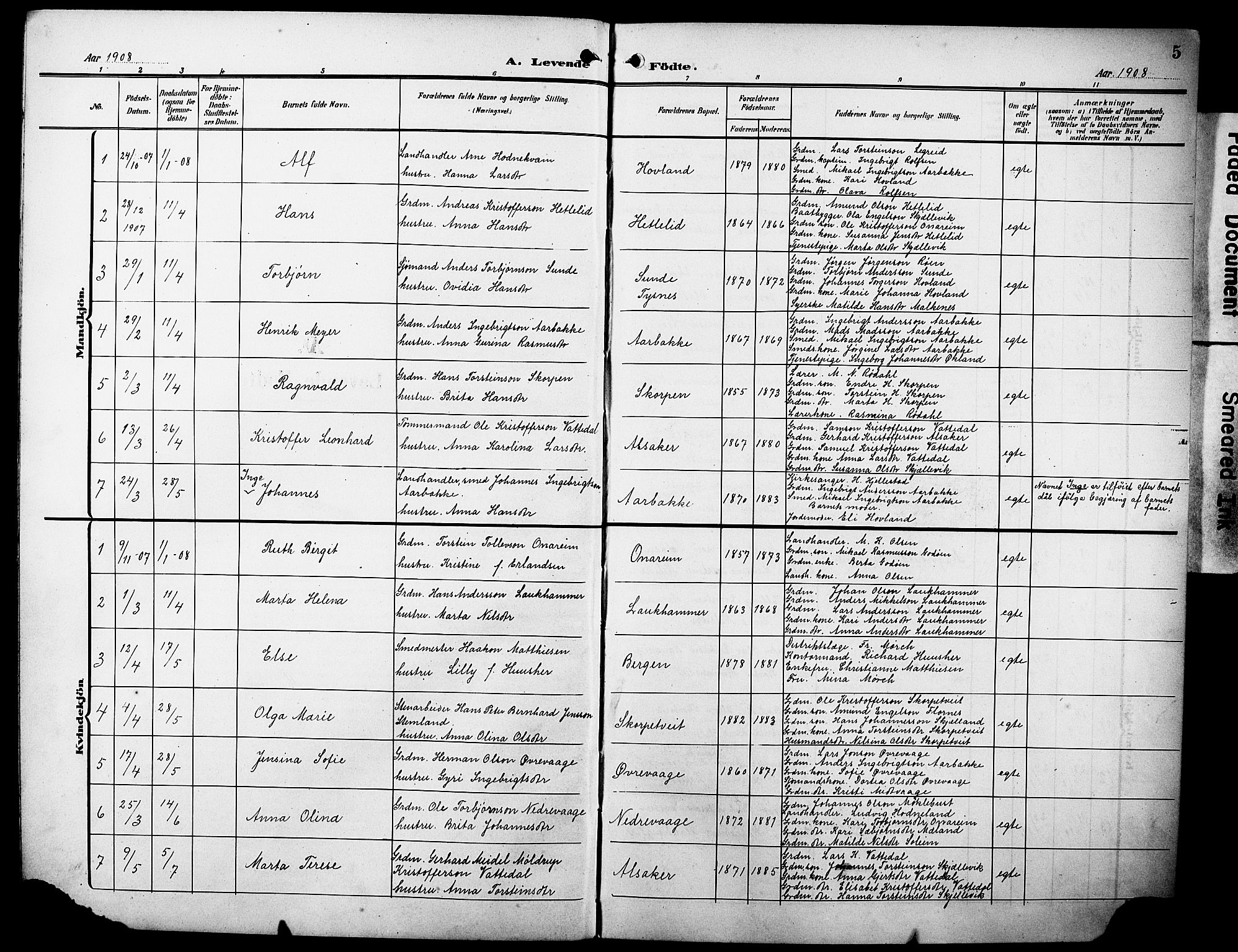 Tysnes sokneprestembete, AV/SAB-A-78601/H/Hab: Parish register (copy) no. C 3, 1908-1924, p. 5