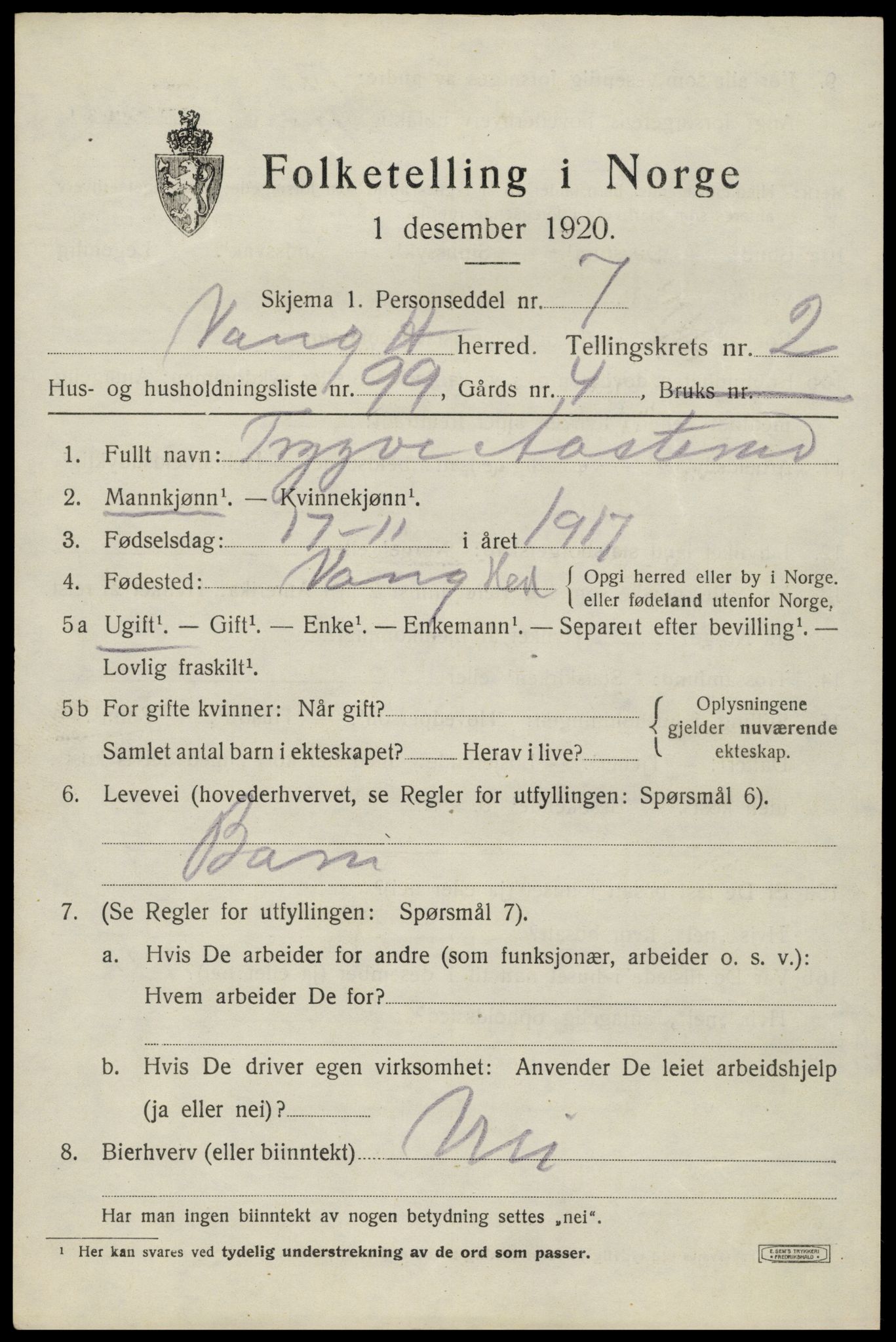 SAH, 1920 census for Vang (Hedmark), 1920, p. 7789