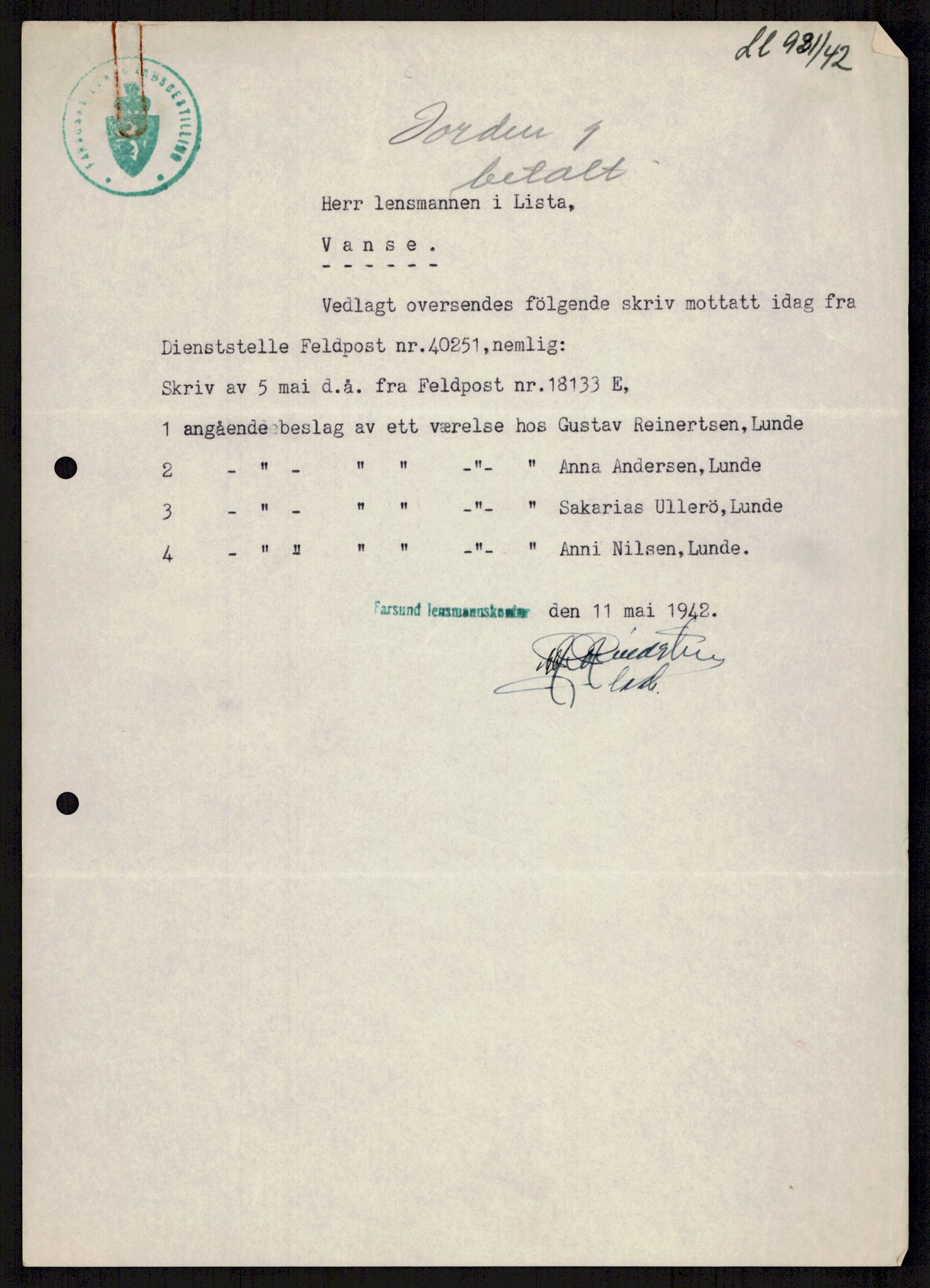 Forsvarsdepartementet, 10. kontor / Oppgjørskontoret, AV/RA-RAFA-1225/D/Db/L0178: Lista oppgjørskontor, 1941-1947, p. 1015