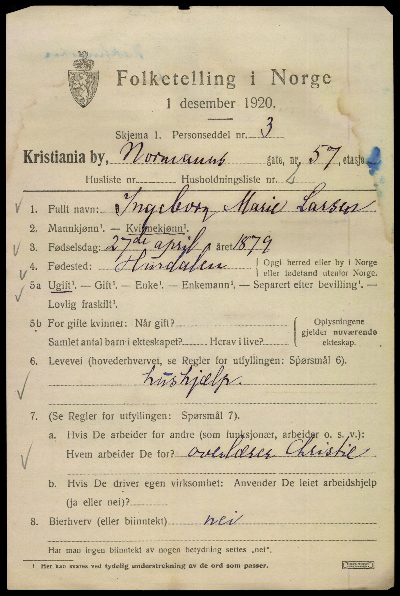 SAO, 1920 census for Kristiania, 1920, p. 427459