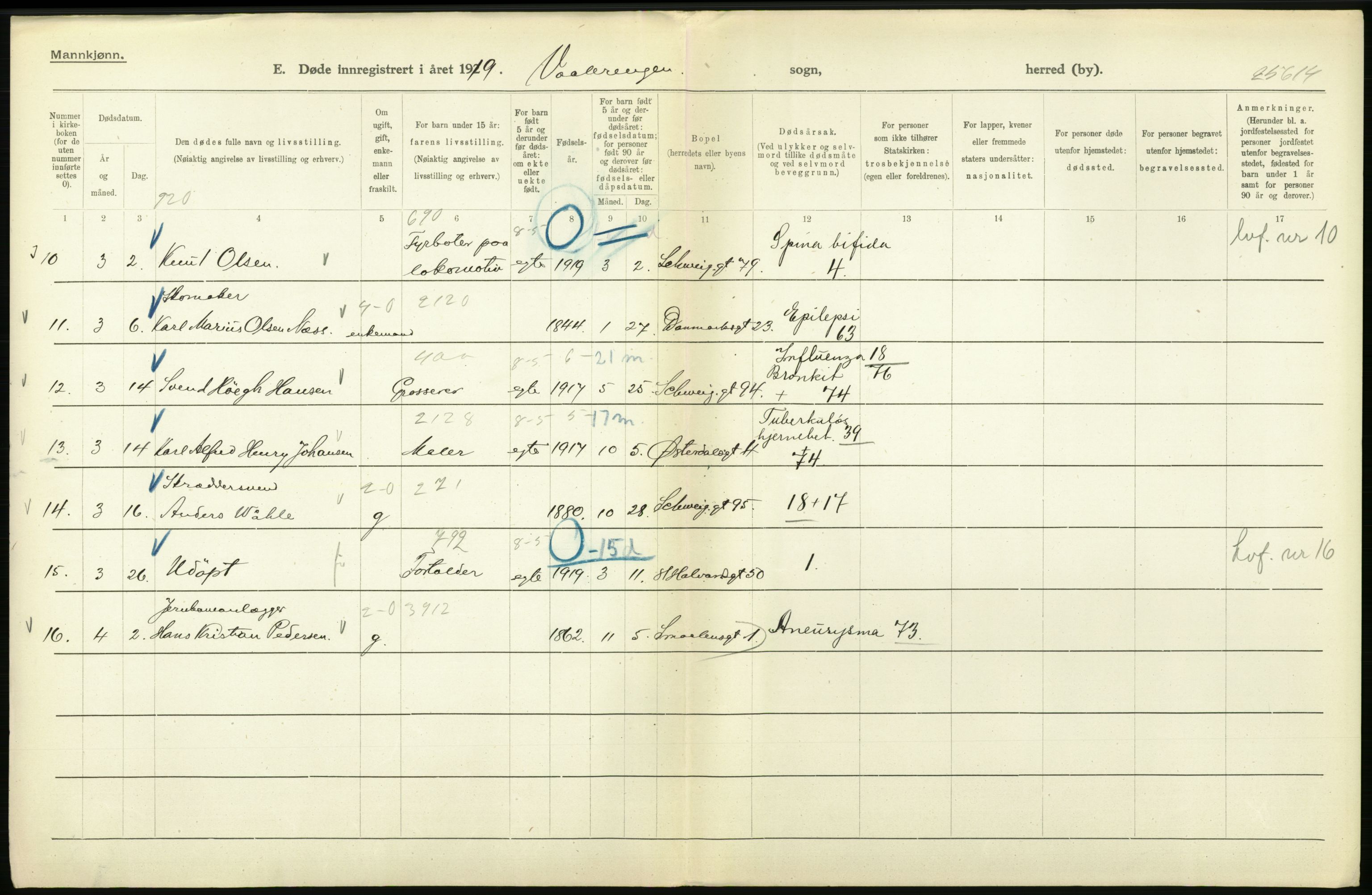 Statistisk sentralbyrå, Sosiodemografiske emner, Befolkning, RA/S-2228/D/Df/Dfb/Dfbi/L0010: Kristiania: Døde, 1919, p. 454