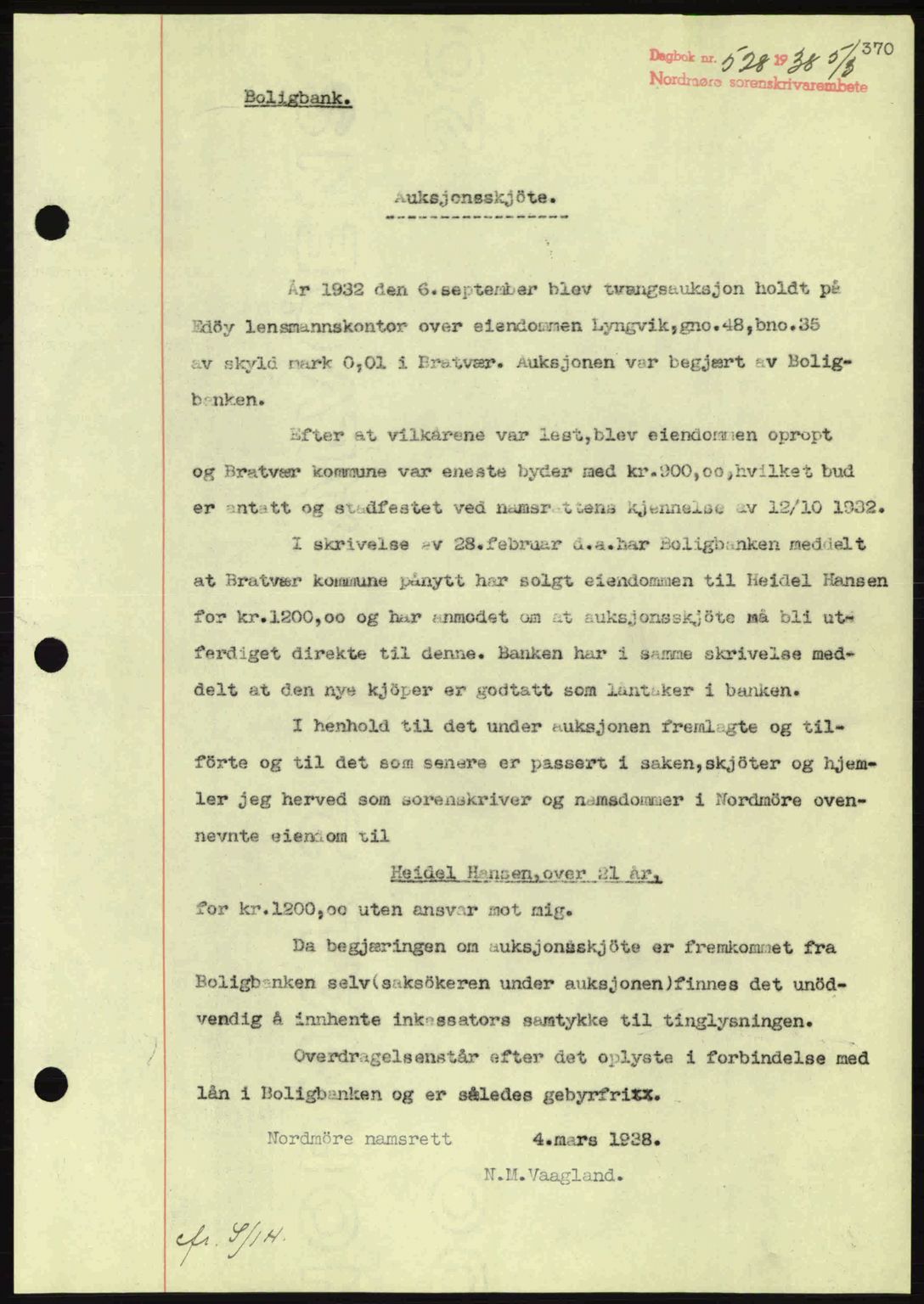 Nordmøre sorenskriveri, AV/SAT-A-4132/1/2/2Ca: Mortgage book no. A83, 1938-1938, Diary no: : 528/1938