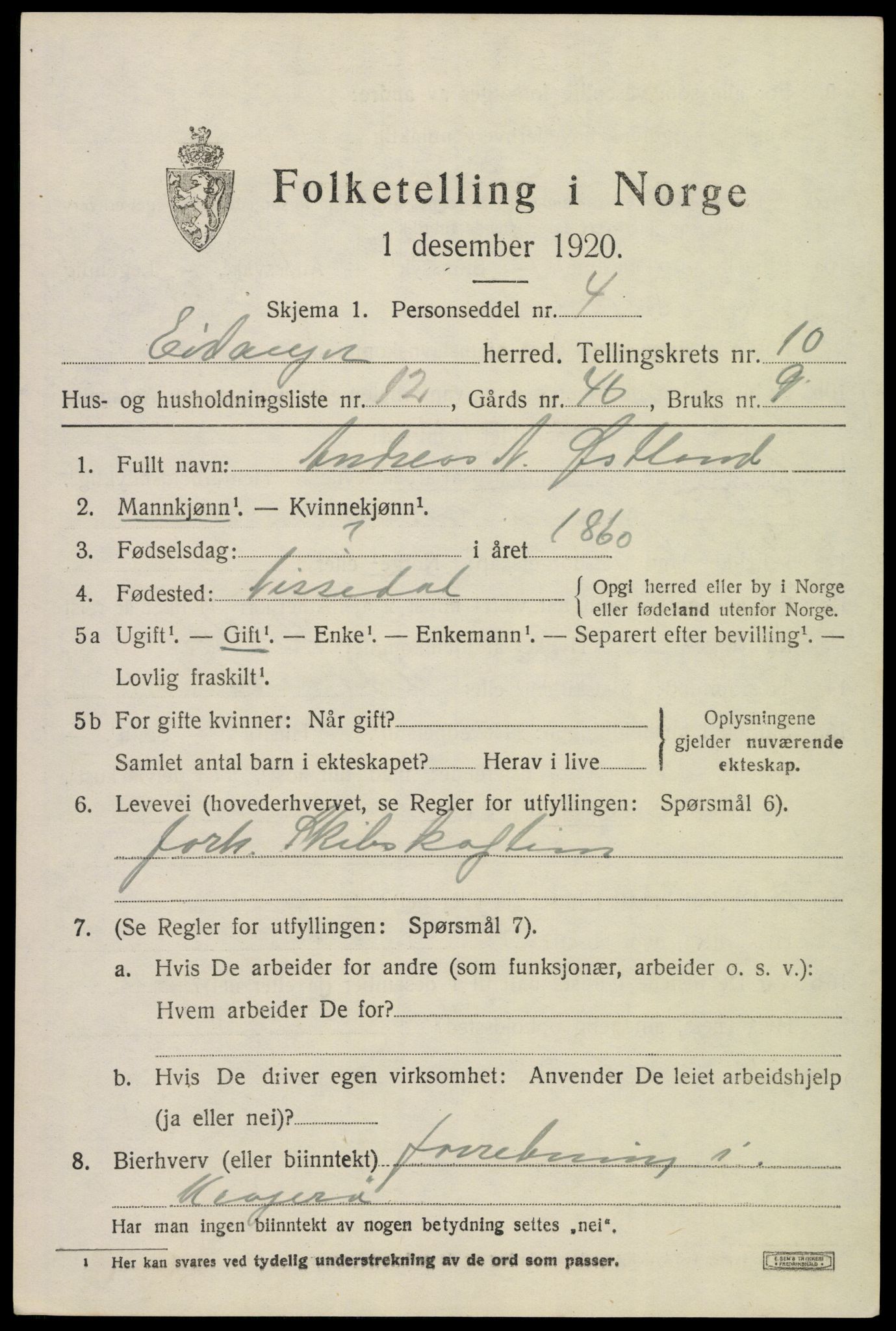 SAKO, 1920 census for Eidanger, 1920, p. 6482