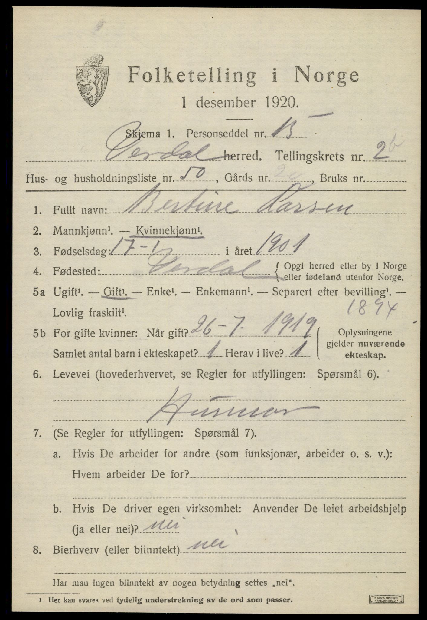 SAT, 1920 census for Verdal, 1920, p. 4719