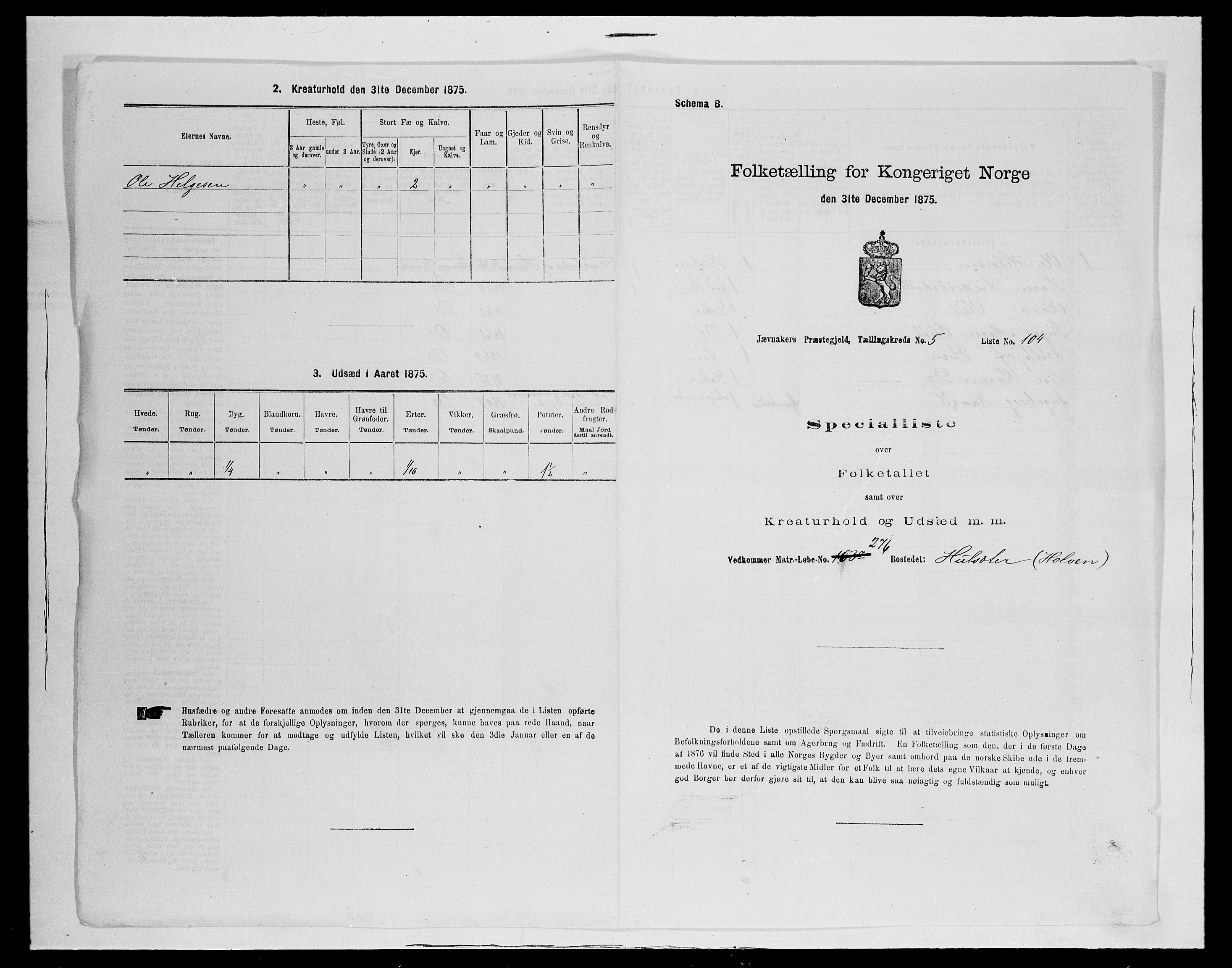 SAH, 1875 census for 0532P Jevnaker, 1875, p. 1014