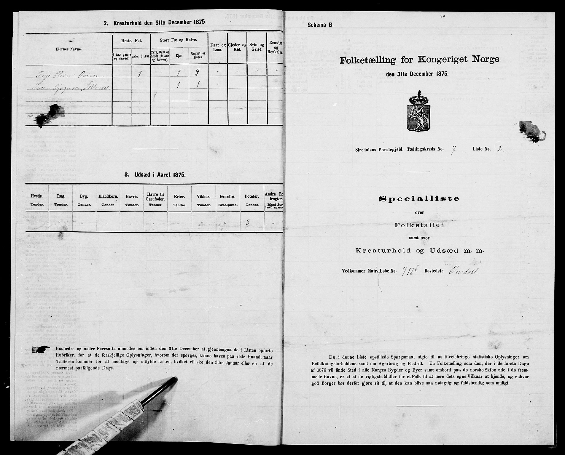 SAK, 1875 census for 1046P Sirdal, 1875, p. 578