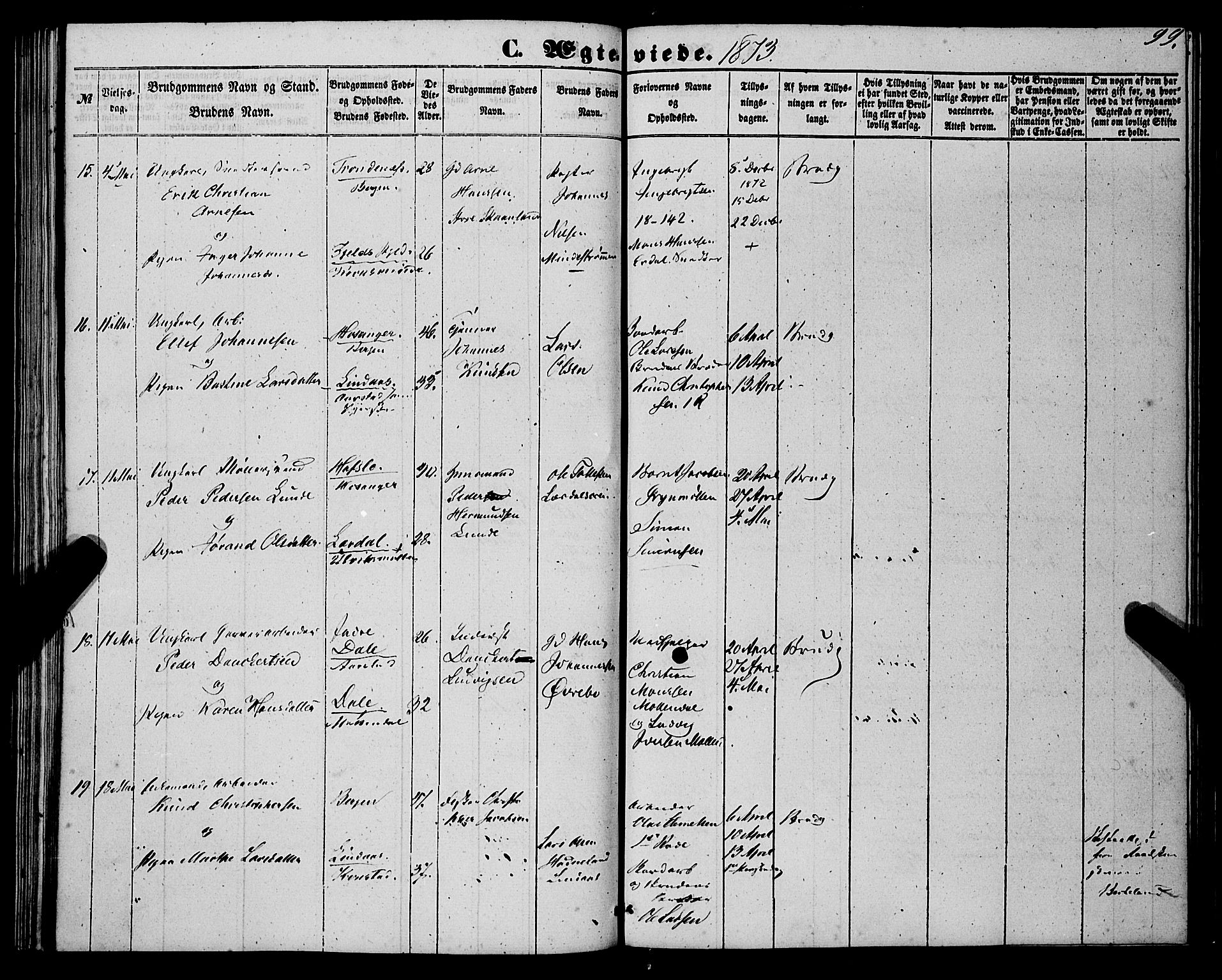 St. Jørgens hospital og Årstad sokneprestembete, AV/SAB-A-99934: Parish register (official) no. A 9, 1853-1878, p. 99