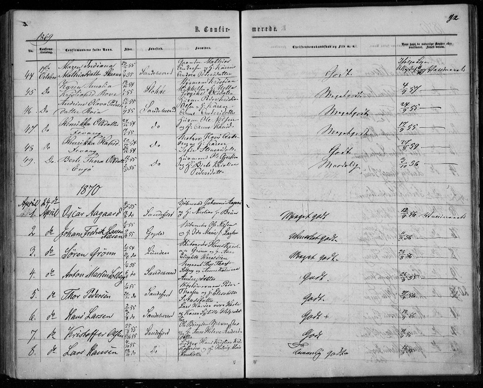 Sandar kirkebøker, SAKO/A-243/F/Fa/L0008: Parish register (official) no. 8, 1862-1871, p. 312