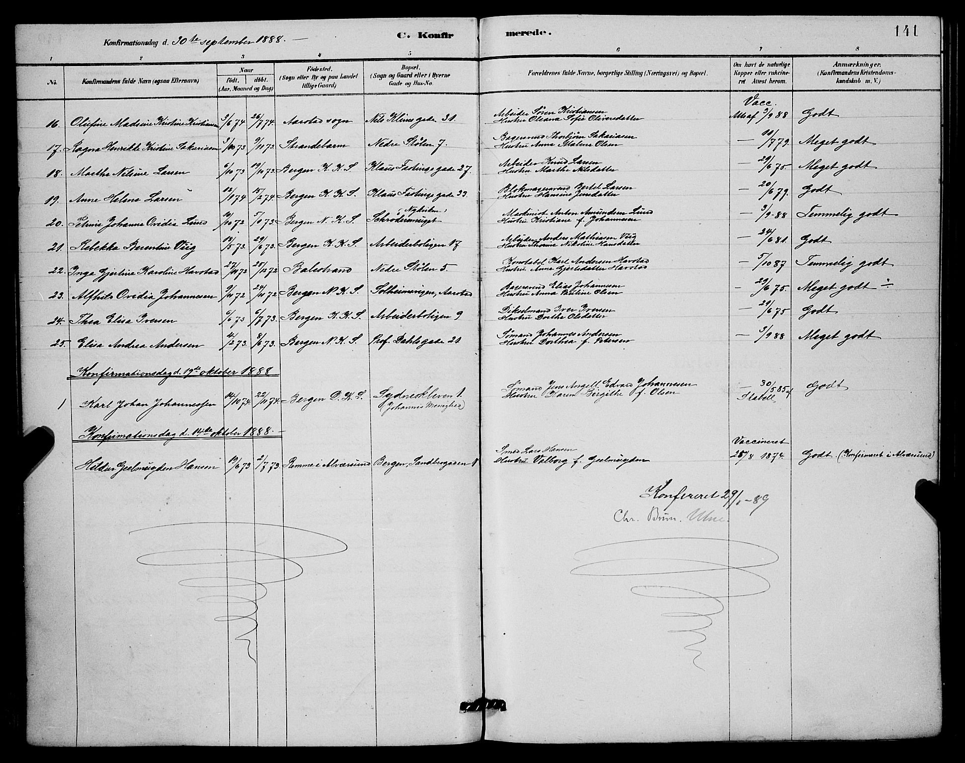 Mariakirken Sokneprestembete, AV/SAB-A-76901/H/Hab/L0004: Parish register (copy) no. A 4, 1878-1892, p. 141