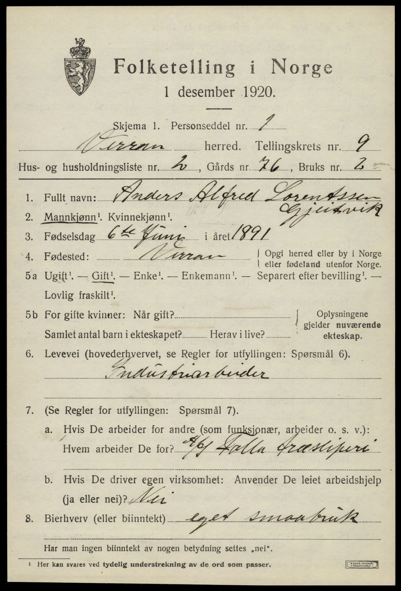 SAT, 1920 census for Verran, 1920, p. 3106