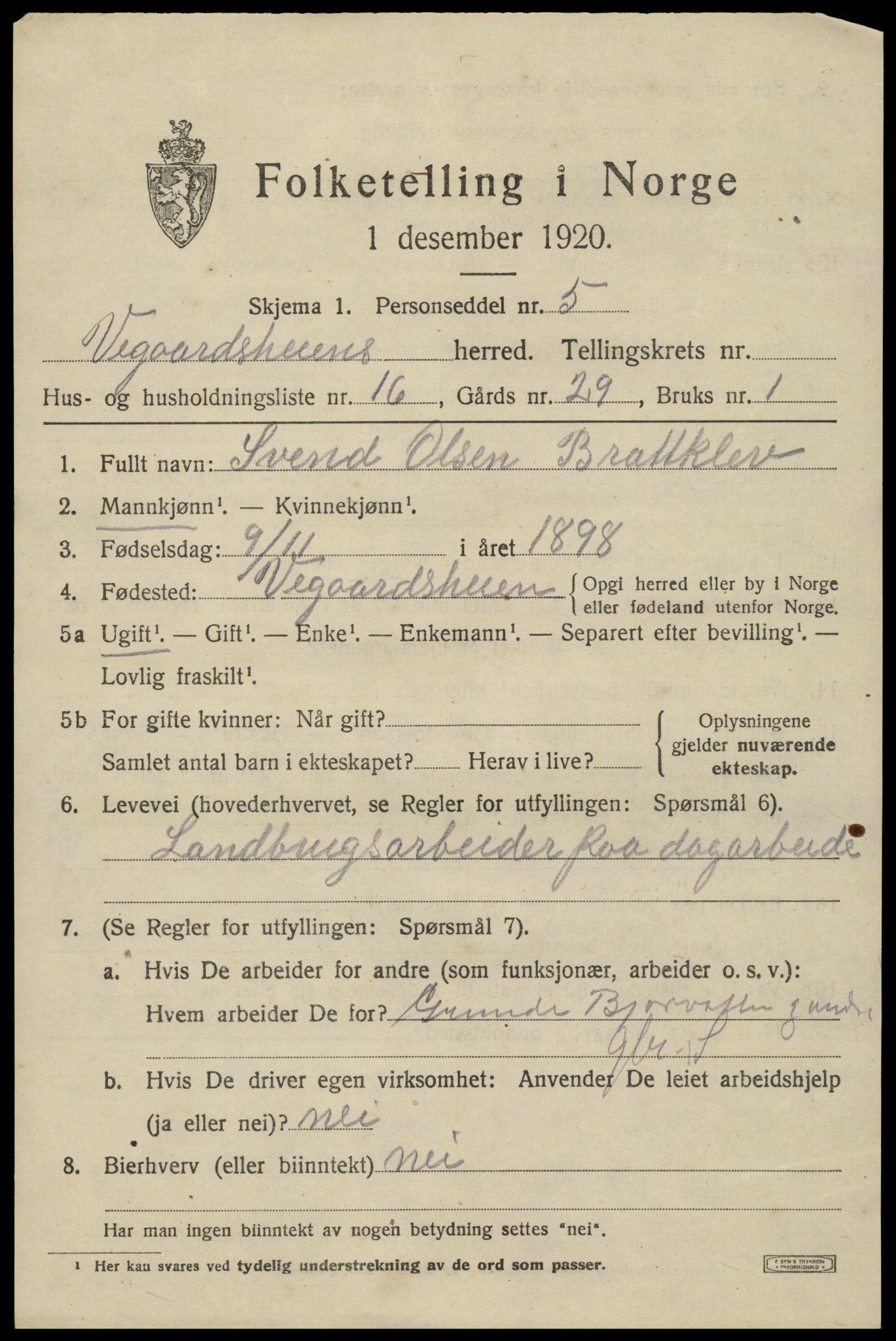 SAK, 1920 census for Vegårshei, 1920, p. 2924