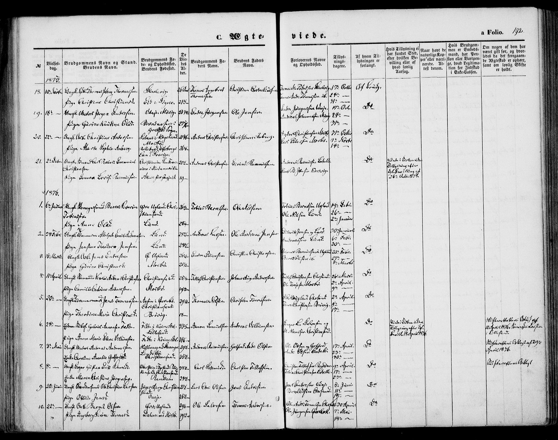 Oddernes sokneprestkontor, AV/SAK-1111-0033/F/Fa/Faa/L0008: Parish register (official) no. A 8, 1864-1880, p. 192