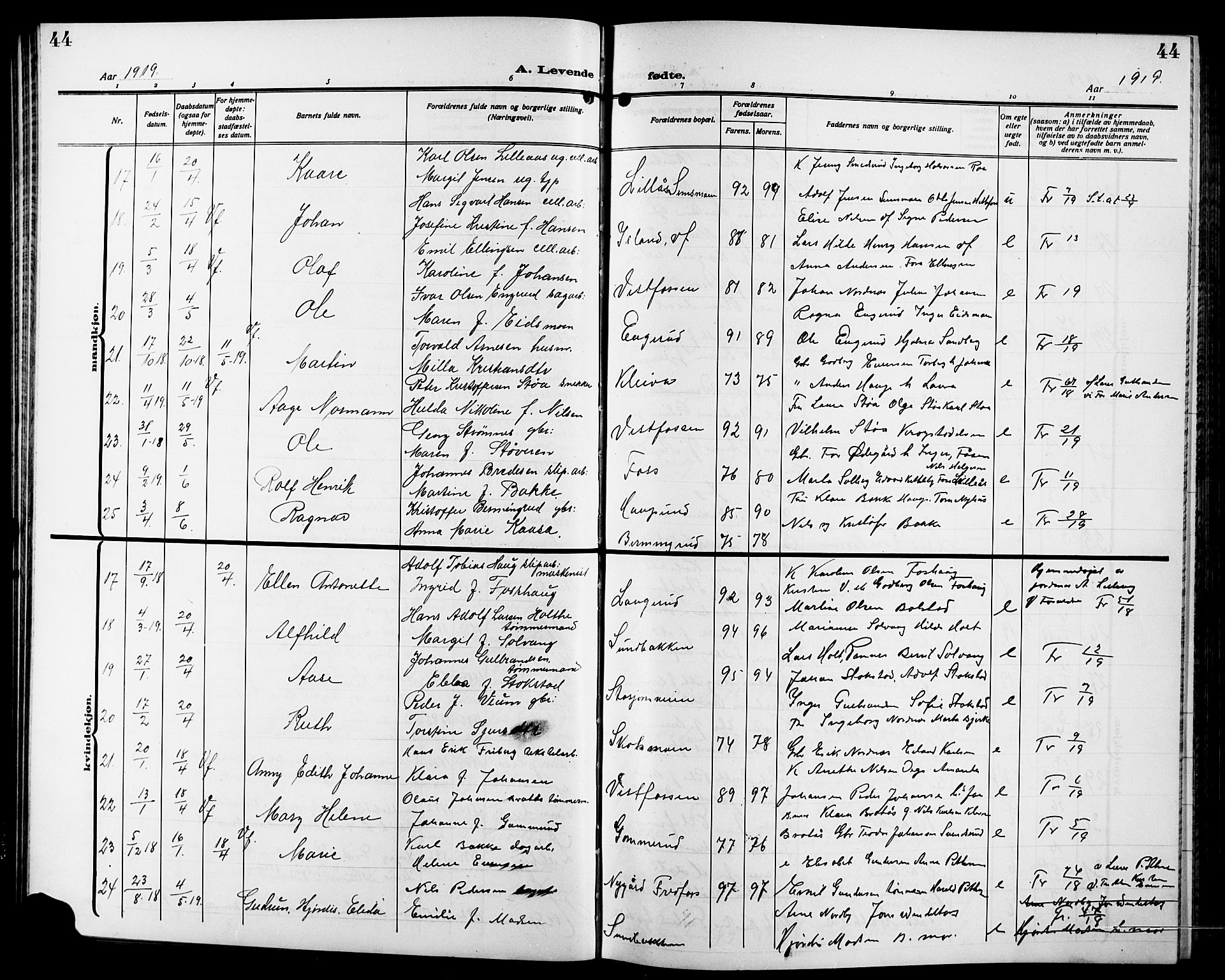 Eiker kirkebøker, AV/SAKO-A-4/G/Ga/L0009: Parish register (copy) no. I 9, 1915-1924, p. 44