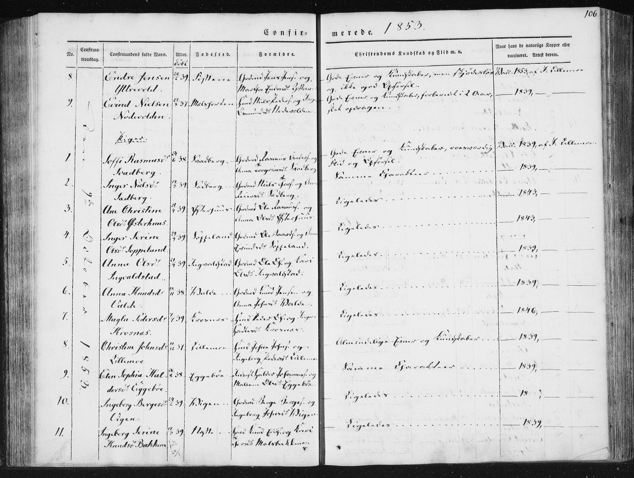 Hjelmeland sokneprestkontor, AV/SAST-A-101843/01/IV/L0008: Parish register (official) no. A 8, 1842-1861, p. 106