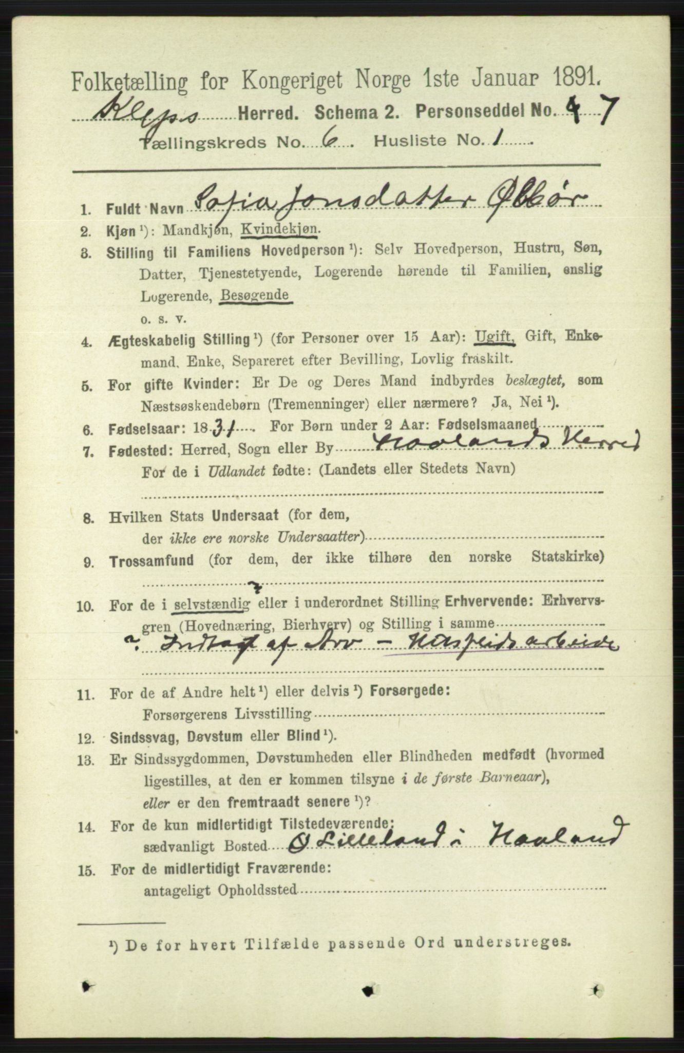 RA, 1891 census for 1120 Klepp, 1891, p. 1722