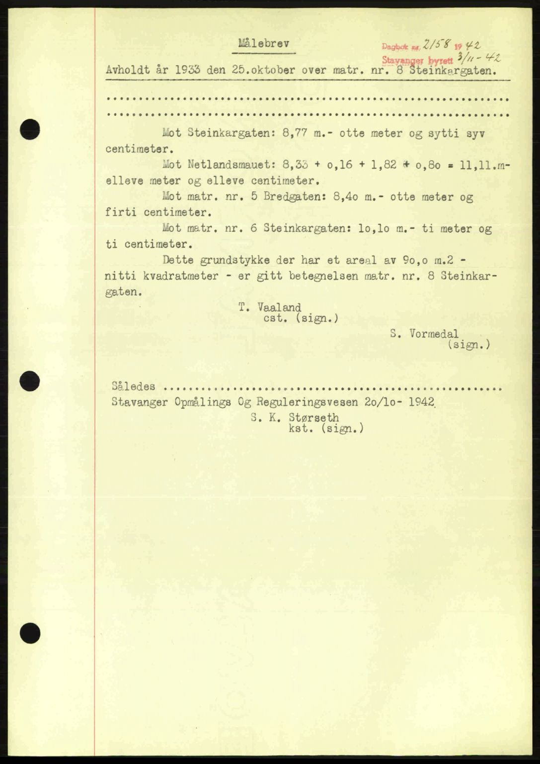 Stavanger byrett, SAST/A-100455/002/G/Gb/L0017: Mortgage book no. A7, 1941-1943, Diary no: : 2158/1942