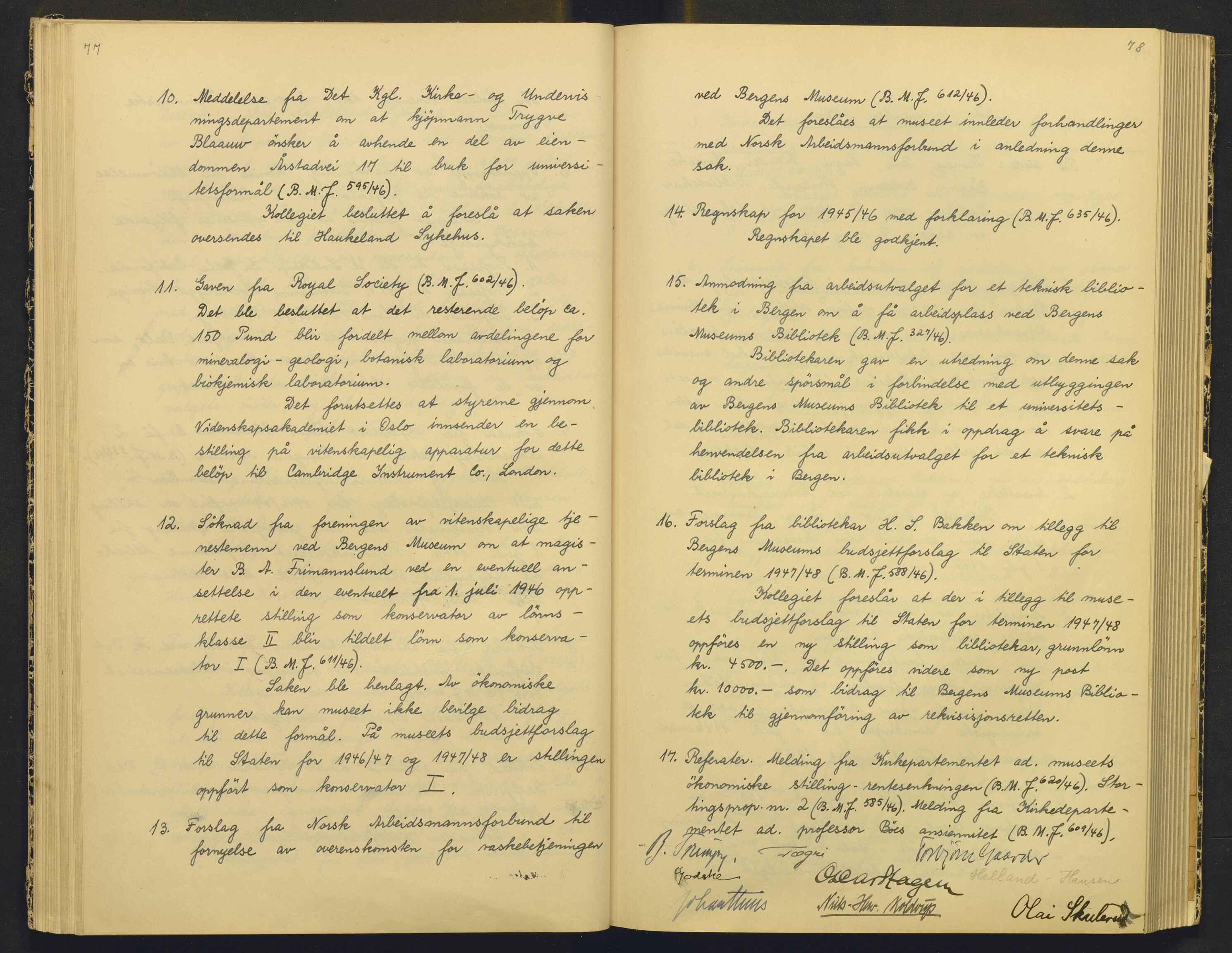 Bergens Museum, AV/SAB-A-17301/18/A/L0004: Professorkollegiets møtebok med register , 1945-1949, p. 77-78