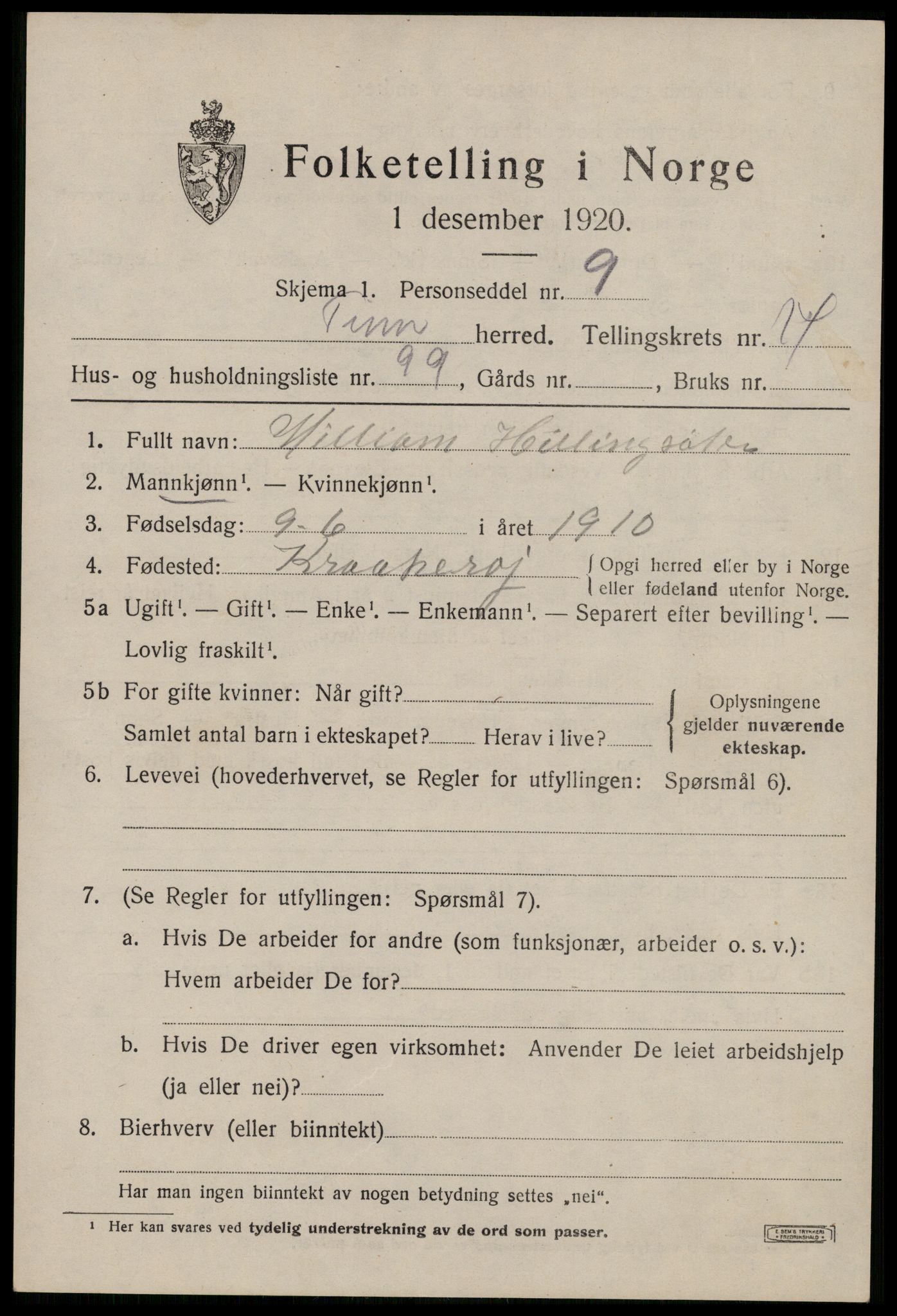 SAKO, 1920 census for Tinn, 1920, p. 11572