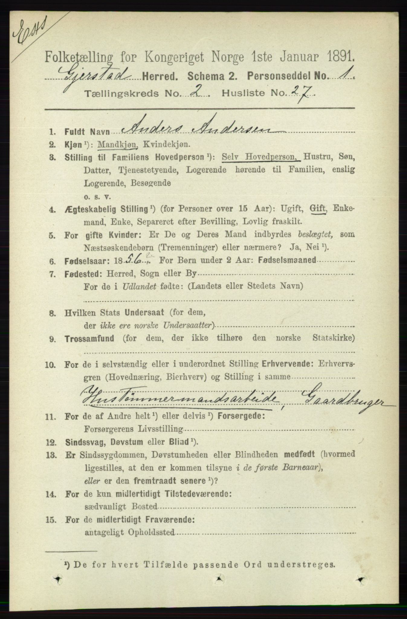 RA, Census 1891 for Nedenes amt: Gjenparter av personsedler for beslektede ektefeller, menn, 1891, p. 45