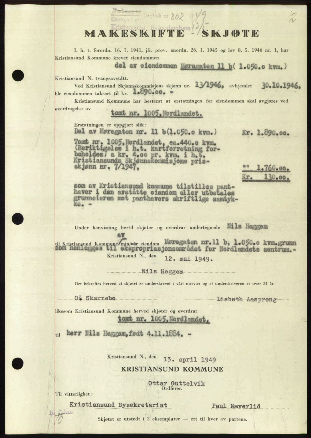 Kristiansund byfogd, AV/SAT-A-4587/A/27: Mortgage book no. 46, 1949-1950, Diary no: : 802/1949