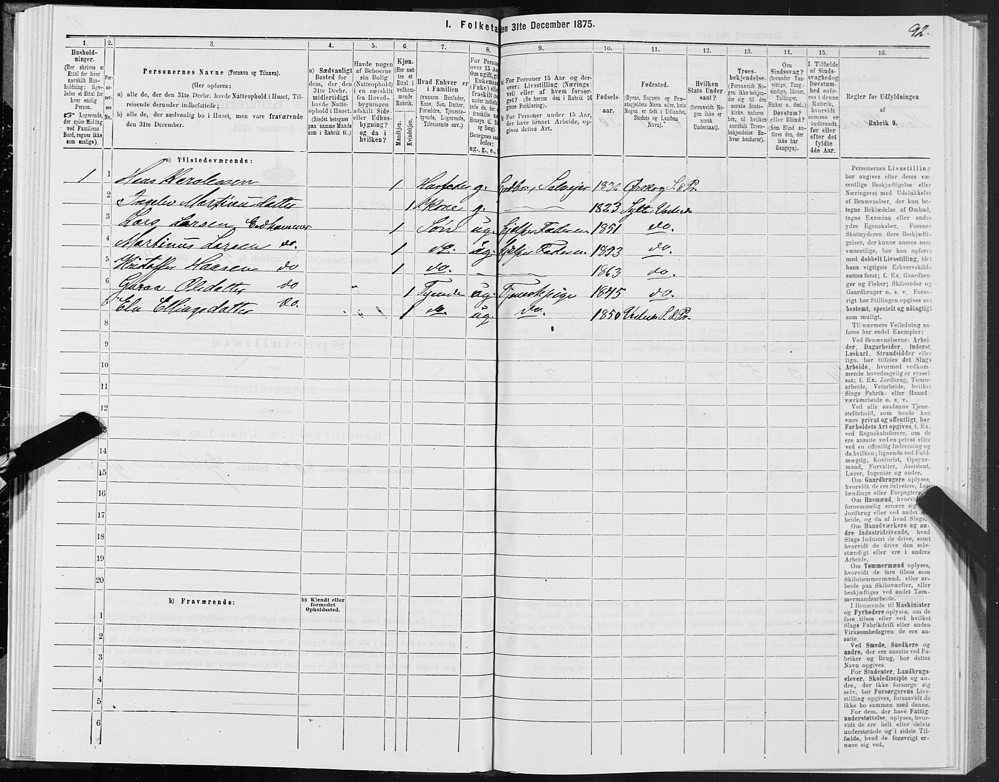 SAT, 1875 census for 1535P Vestnes, 1875, p. 2092