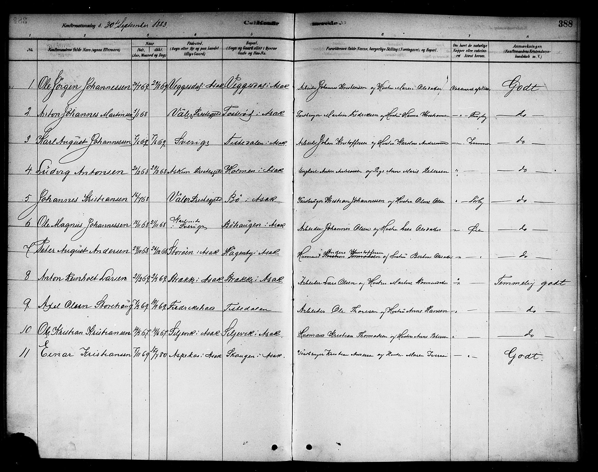 Berg prestekontor Kirkebøker, AV/SAO-A-10902/F/Fb/L0001: Parish register (official) no. II 1, 1878-1887, p. 388