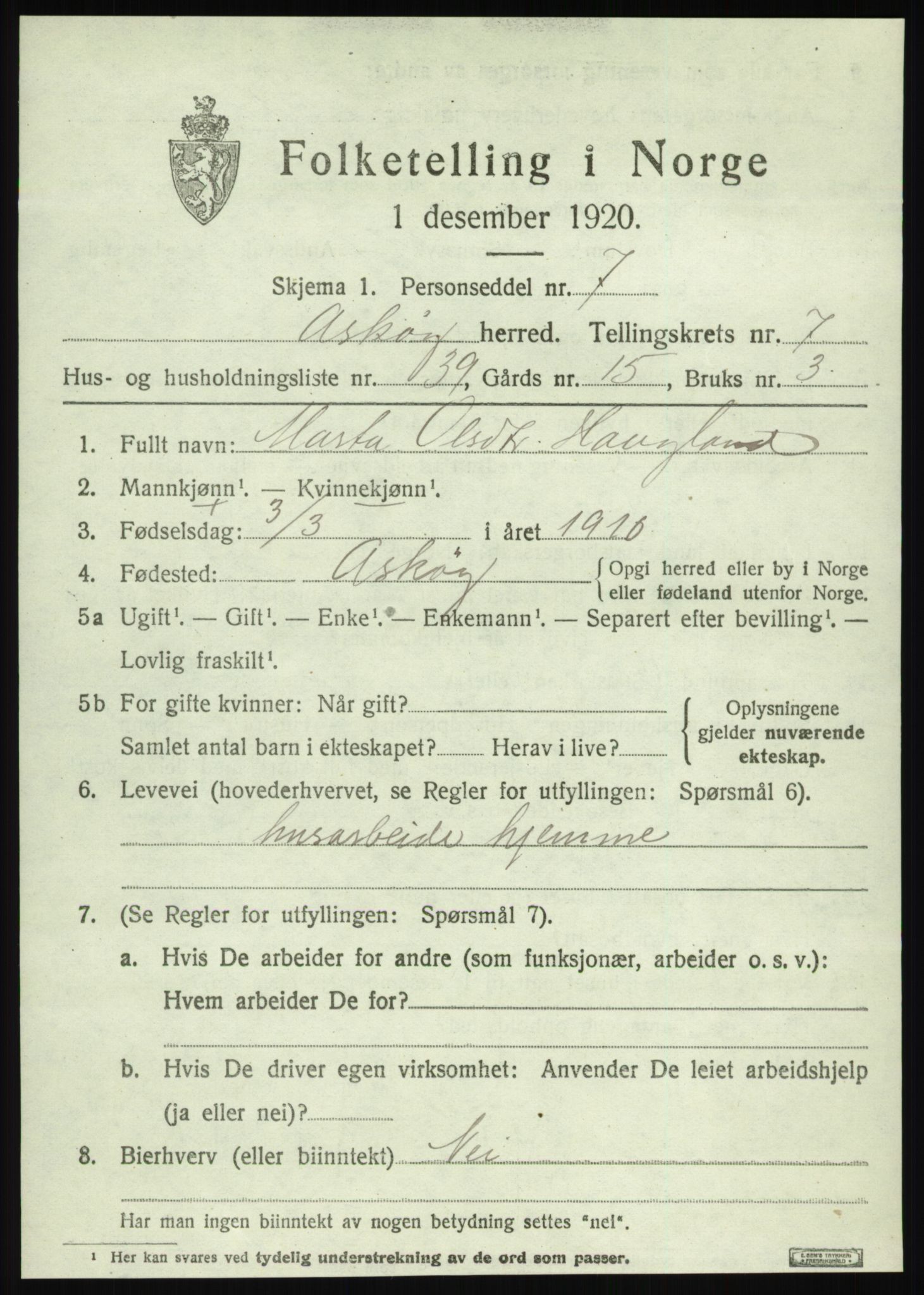 SAB, 1920 census for Askøy, 1920, p. 11322