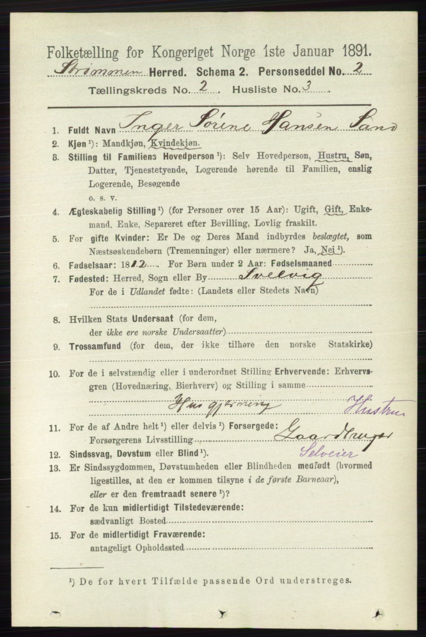 RA, 1891 census for 0711 Strømm, 1891, p. 707