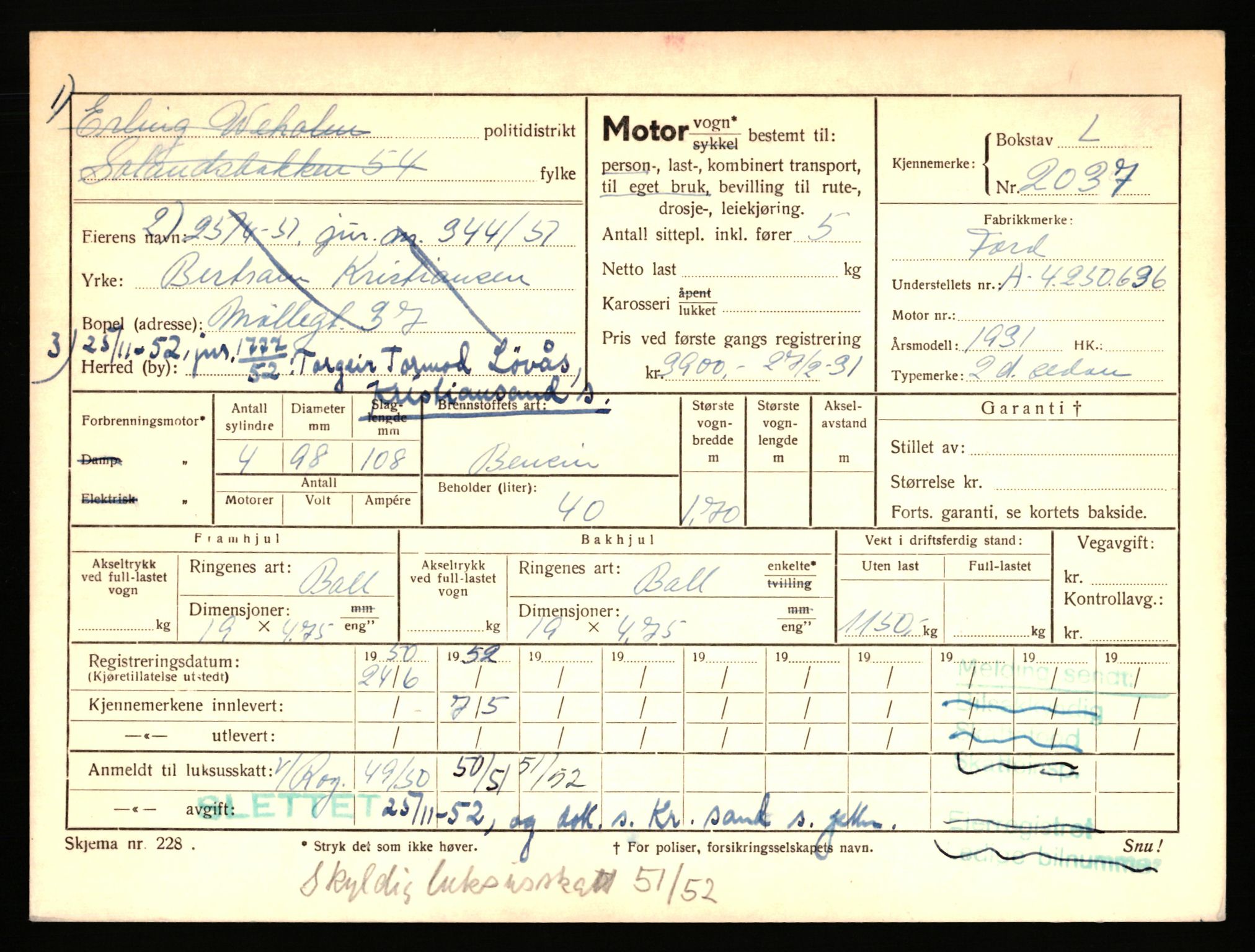 Stavanger trafikkstasjon, AV/SAST-A-101942/0/F/L0006: L-1700 - L-2149, 1930-1971, p. 1447