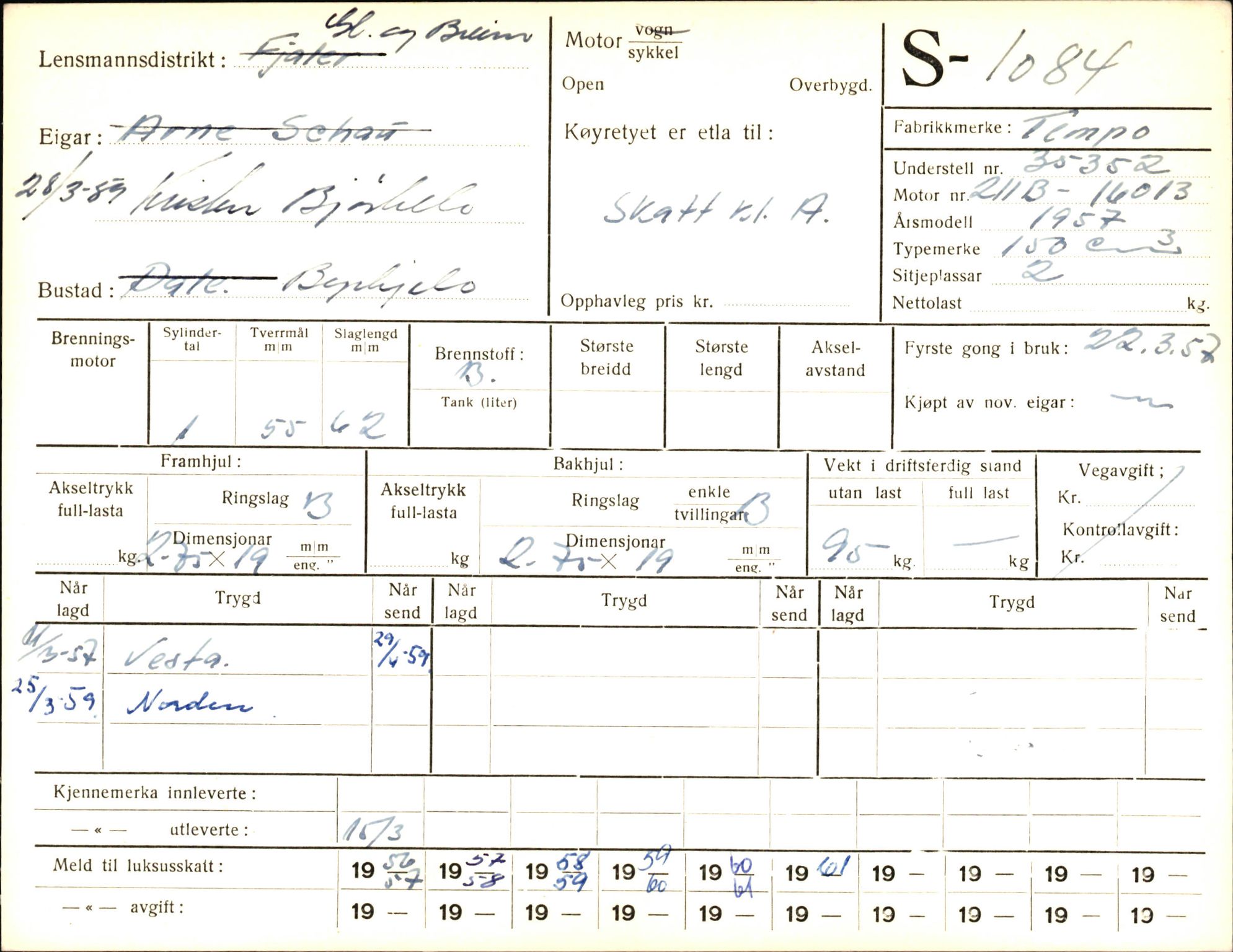 Statens vegvesen, Sogn og Fjordane vegkontor, AV/SAB-A-5301/4/F/L0003: Registerkort utmeldte Fjordane S1000-2499, 1930-1961, p. 136