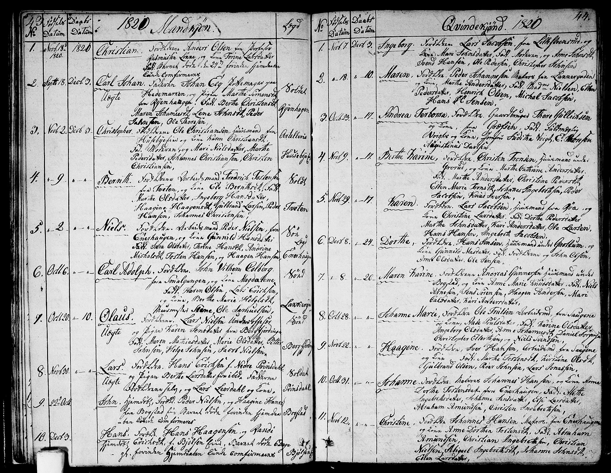 Aker prestekontor kirkebøker, SAO/A-10861/G/L0004: Parish register (copy) no. 4, 1819-1829, p. 43-44