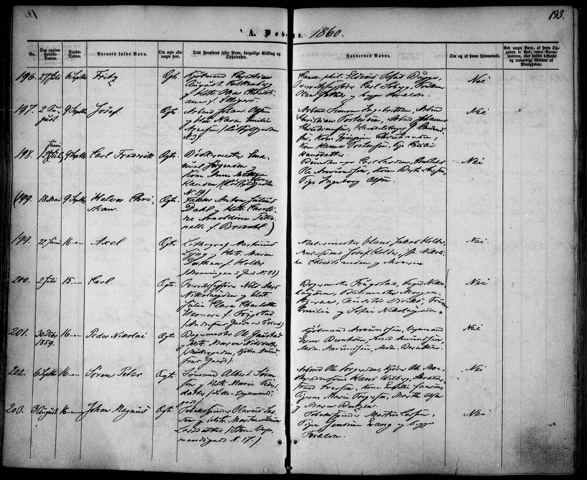 Oslo domkirke Kirkebøker, SAO/A-10752/F/Fa/L0015: Parish register (official) no. 15, 1857-1871, p. 193