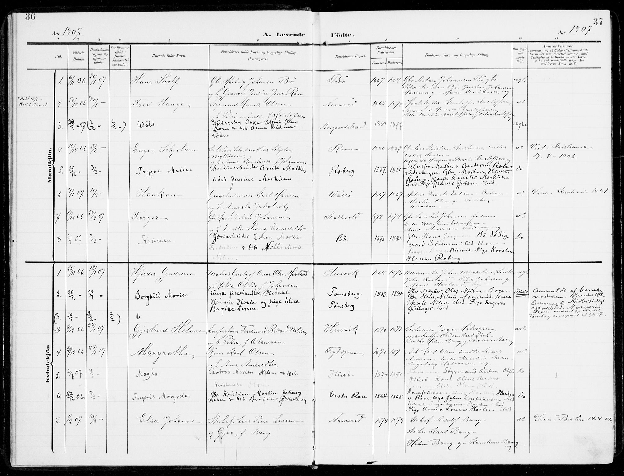 Sem kirkebøker, SAKO/A-5/F/Fb/L0006: Parish register (official) no. II 6, 1905-1918, p. 36-37