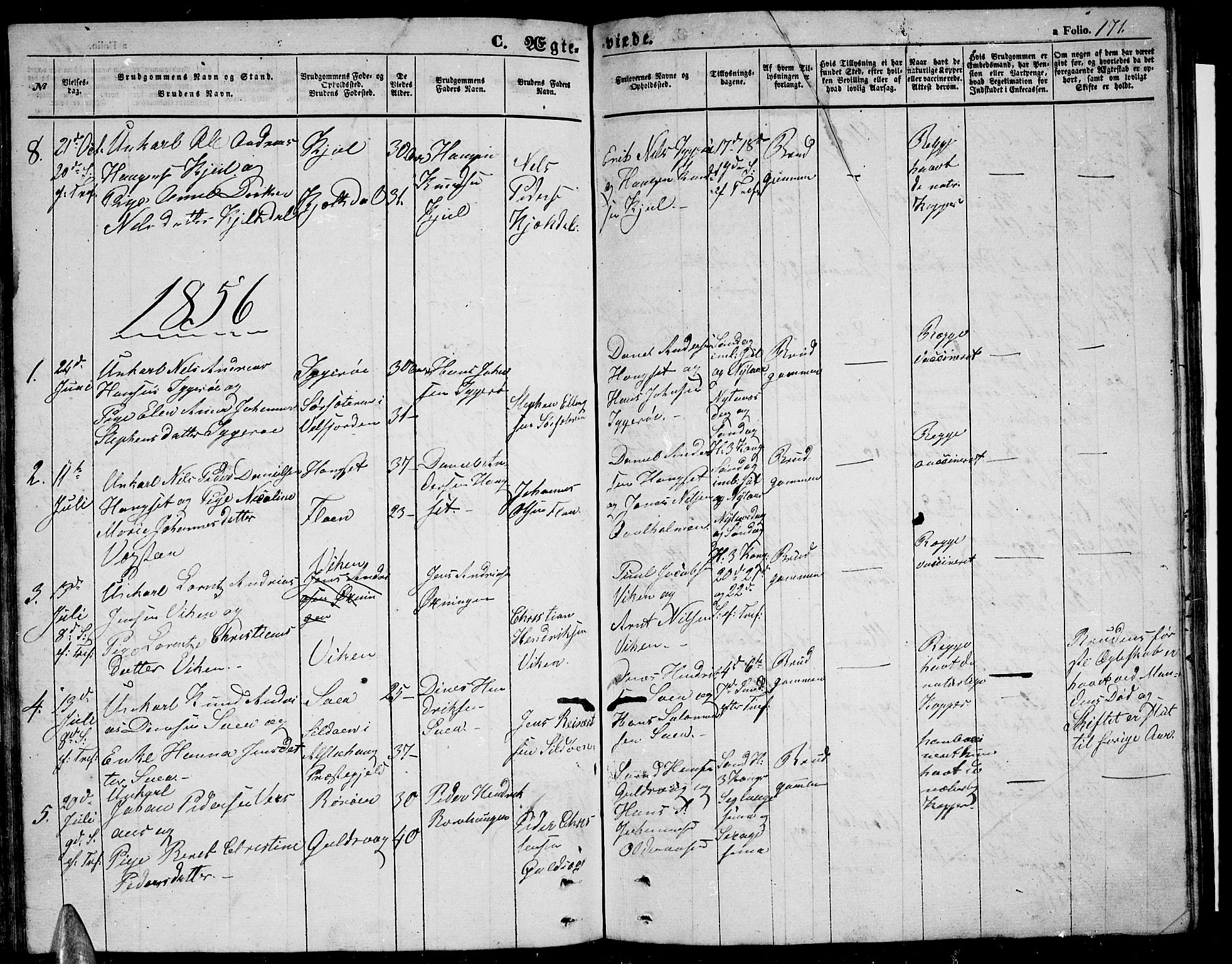 Ministerialprotokoller, klokkerbøker og fødselsregistre - Nordland, SAT/A-1459/816/L0251: Parish register (copy) no. 816C01, 1852-1870, p. 171